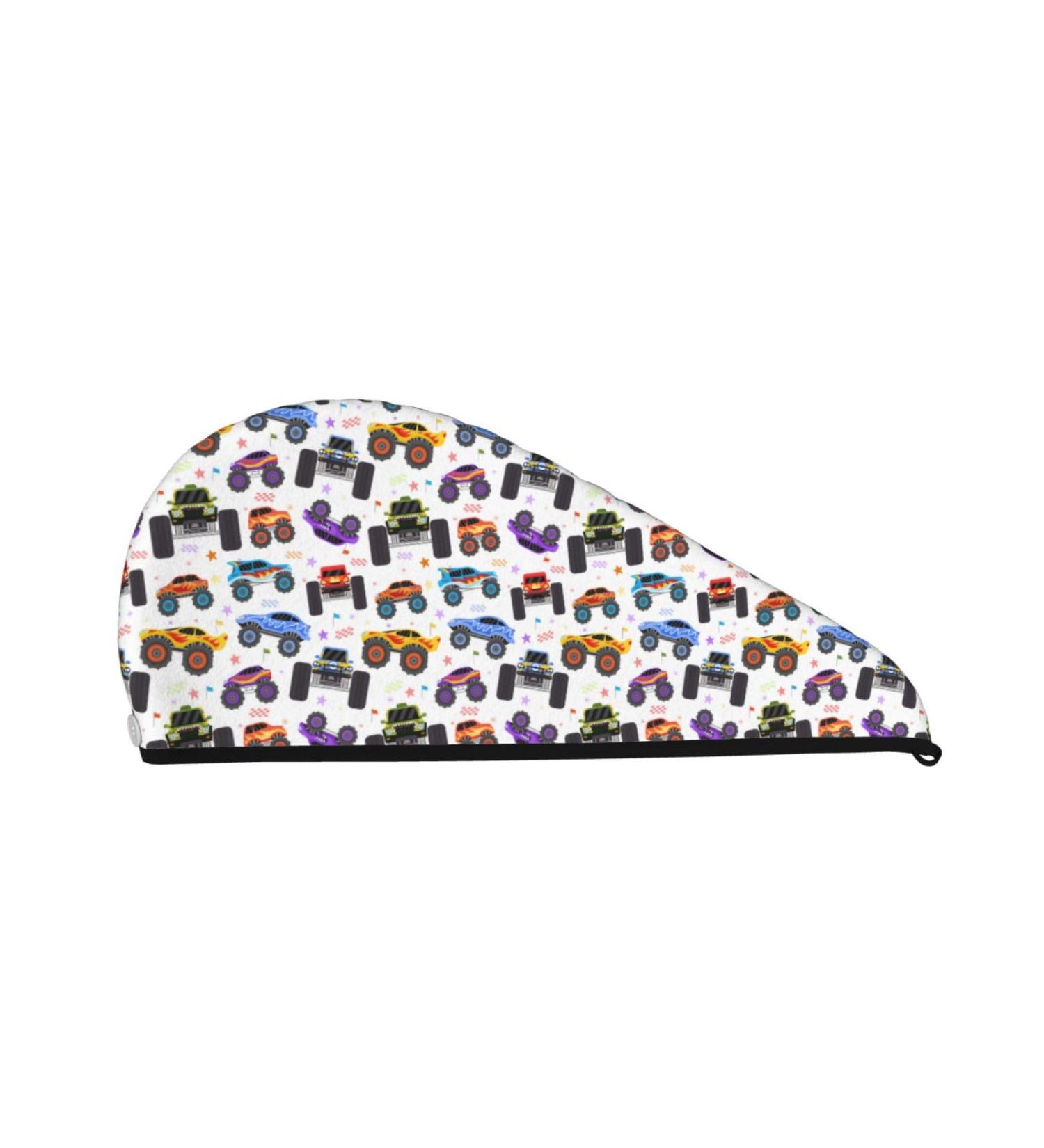 Fast-Drying Hair Towel Wrap with Button Cartoon Monster Trucks | Perfect Hair Turban for Quick Drying - Buy Online on GoSupps.com