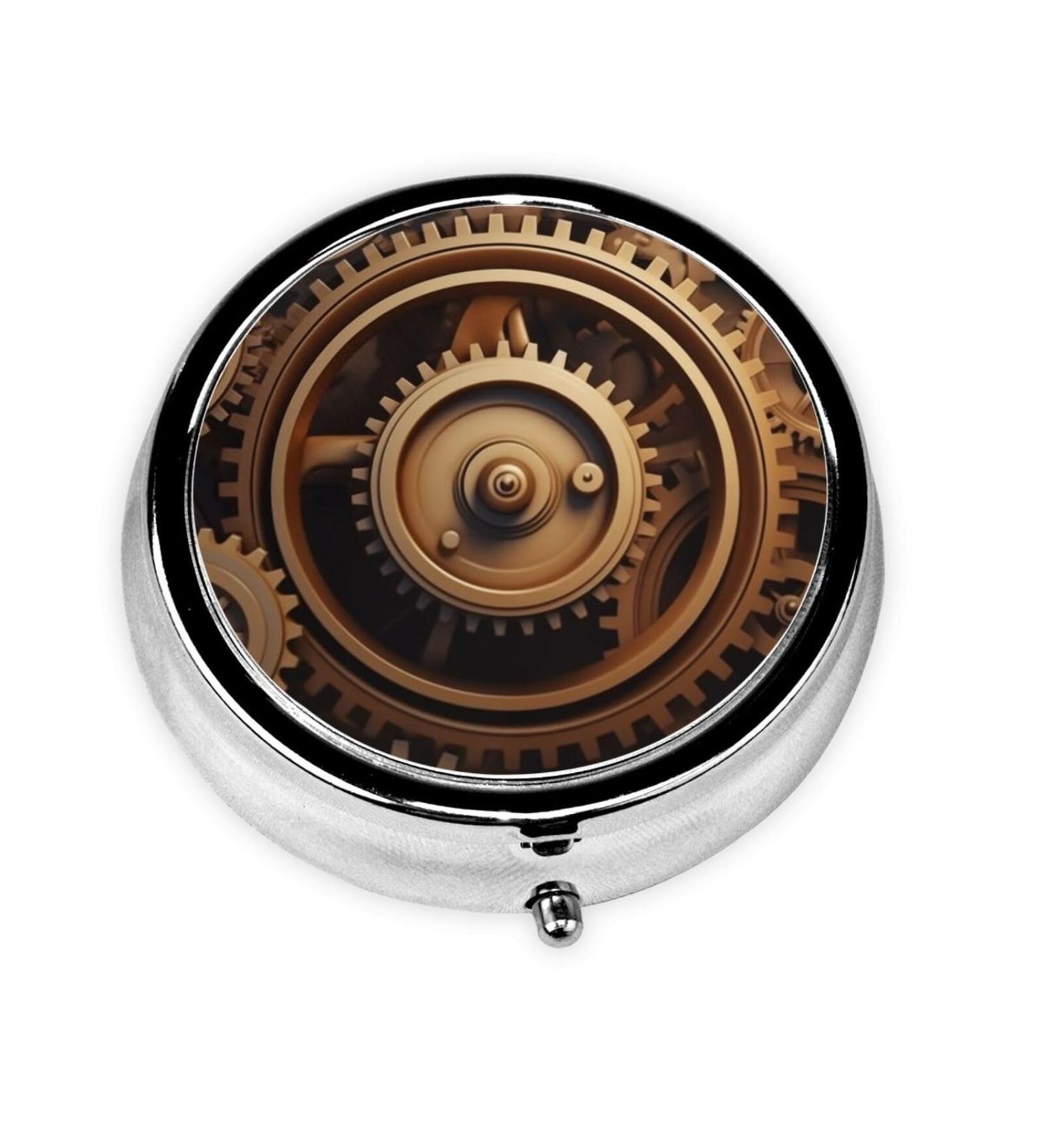 Mechanical Gear Portable Metal Pill Box | Round Mini 3-Compartment | Travel Essential for Small Pills | Durable Hinged Design in Black - Buy Online on GoSupps.com