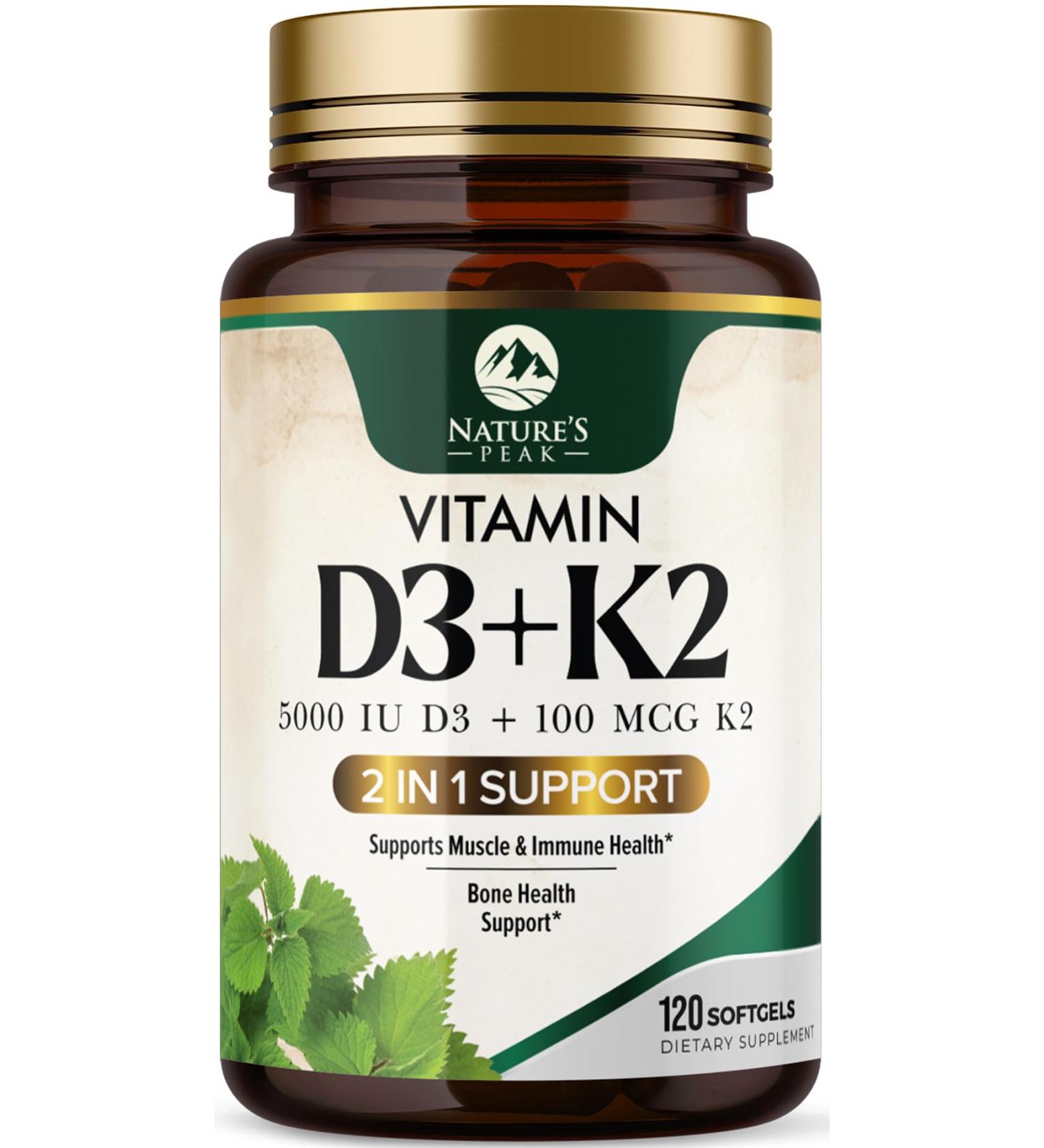 D3 K2 Vitamin 5000 IU - High Potency Vitamin D3 Supplement - Advanced 2-in-1 Complex with Vitamin D & Vitamin K2 (MK7) - Easy to Swallow Softgel Bone & Immune Support - Bottled in USA - 120 Softgels 120 Count (Pack of 1) - Buy Online on GoSupps.com