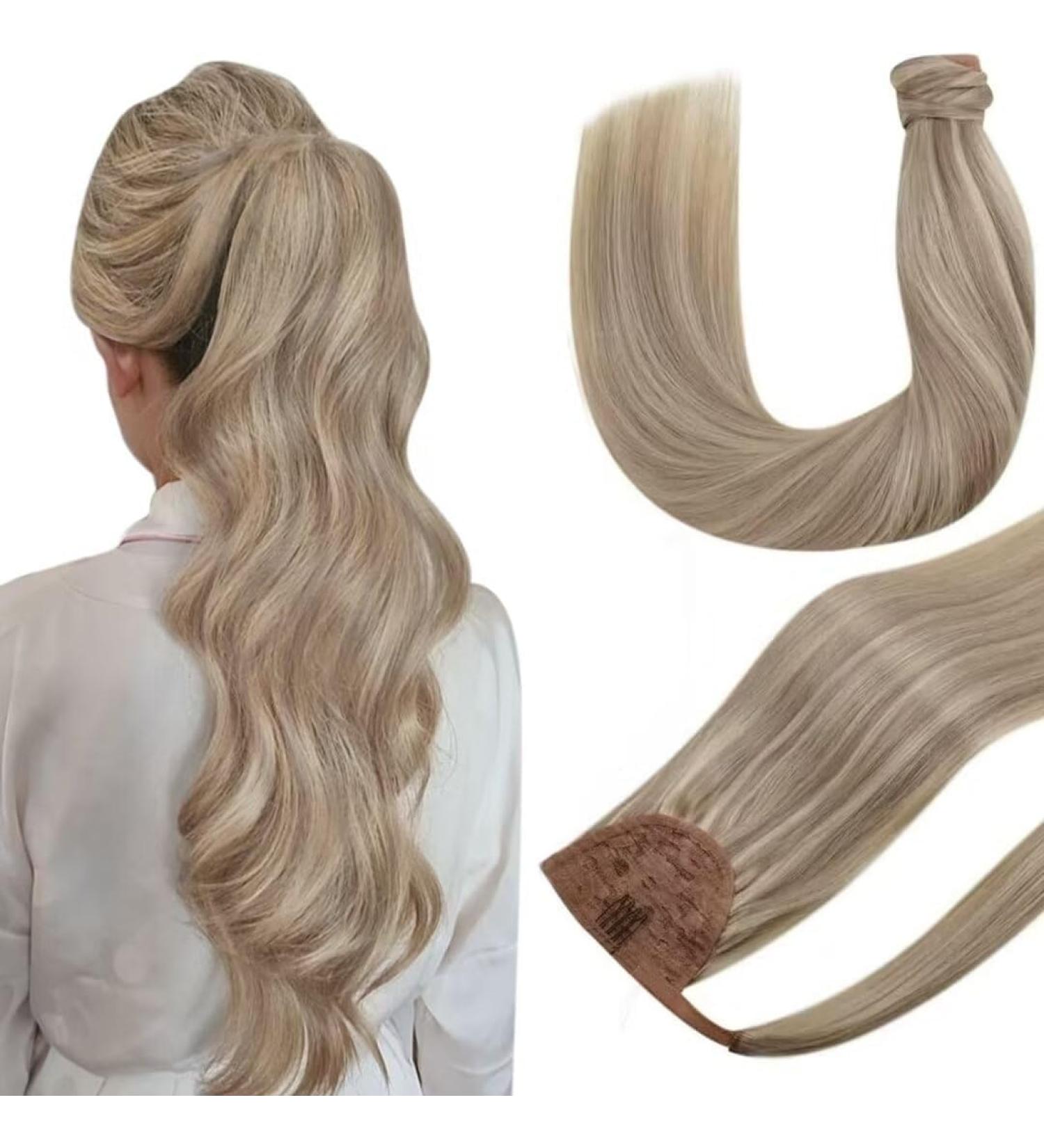 Hetto Blonde Ponytail Extensions Real Hair Wrap Around Braid | Remy Extensions #17/23 Ash Blonde Mix | 45 cm 80g - Hot Sales! - Buy Online on GoSupps.com
