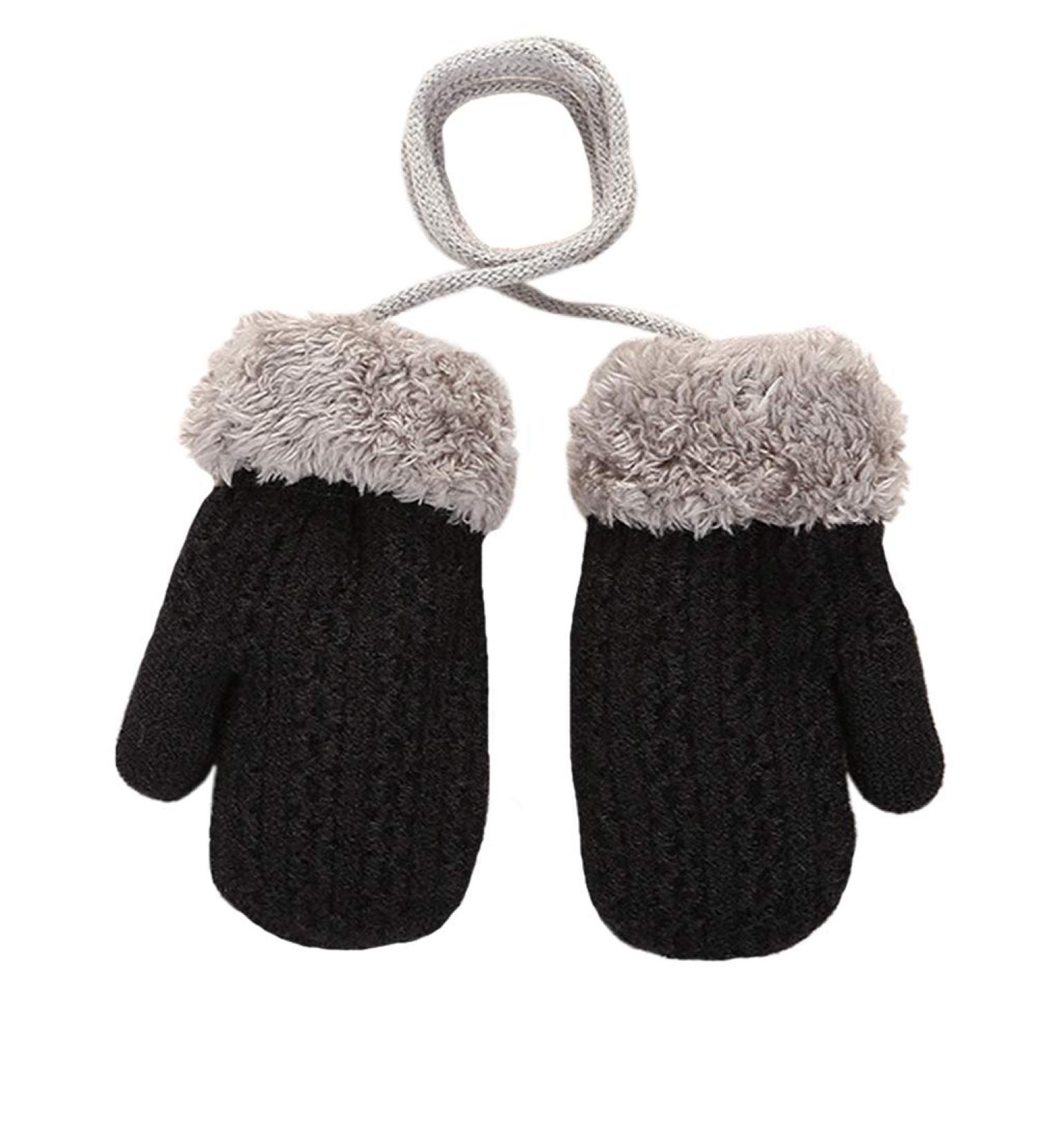 Cute Winter Thicken Knitted Toddler Mittens with Fleece Lining - Anti-Lost String, Ages 0-4 - Black - Buy Online on GoSupps.com