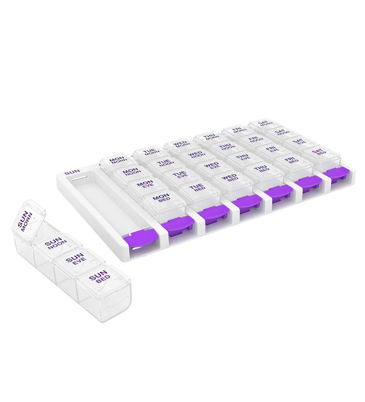 EZY DOSE Weekly 4 Times a Day Push Button Pill Organizer - Removable Daily Pillboxes - Assorted Colors - Large Size - Patented Design - Clear - Pack of 1 - Buy Online on GoSupps.com
