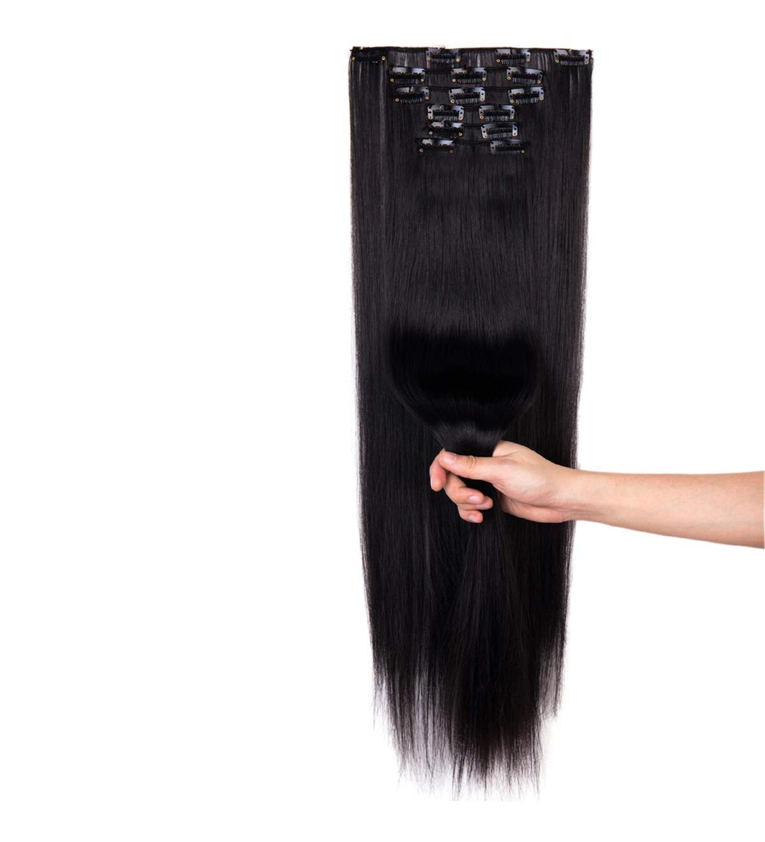 Dododoing Clip-In Hair Extensions - 6 Pieces 61-66 cm Smooth & Thick Synthetic Hair Dark Black - Perfect for Volume & Length - Buy Online on GoSupps.com