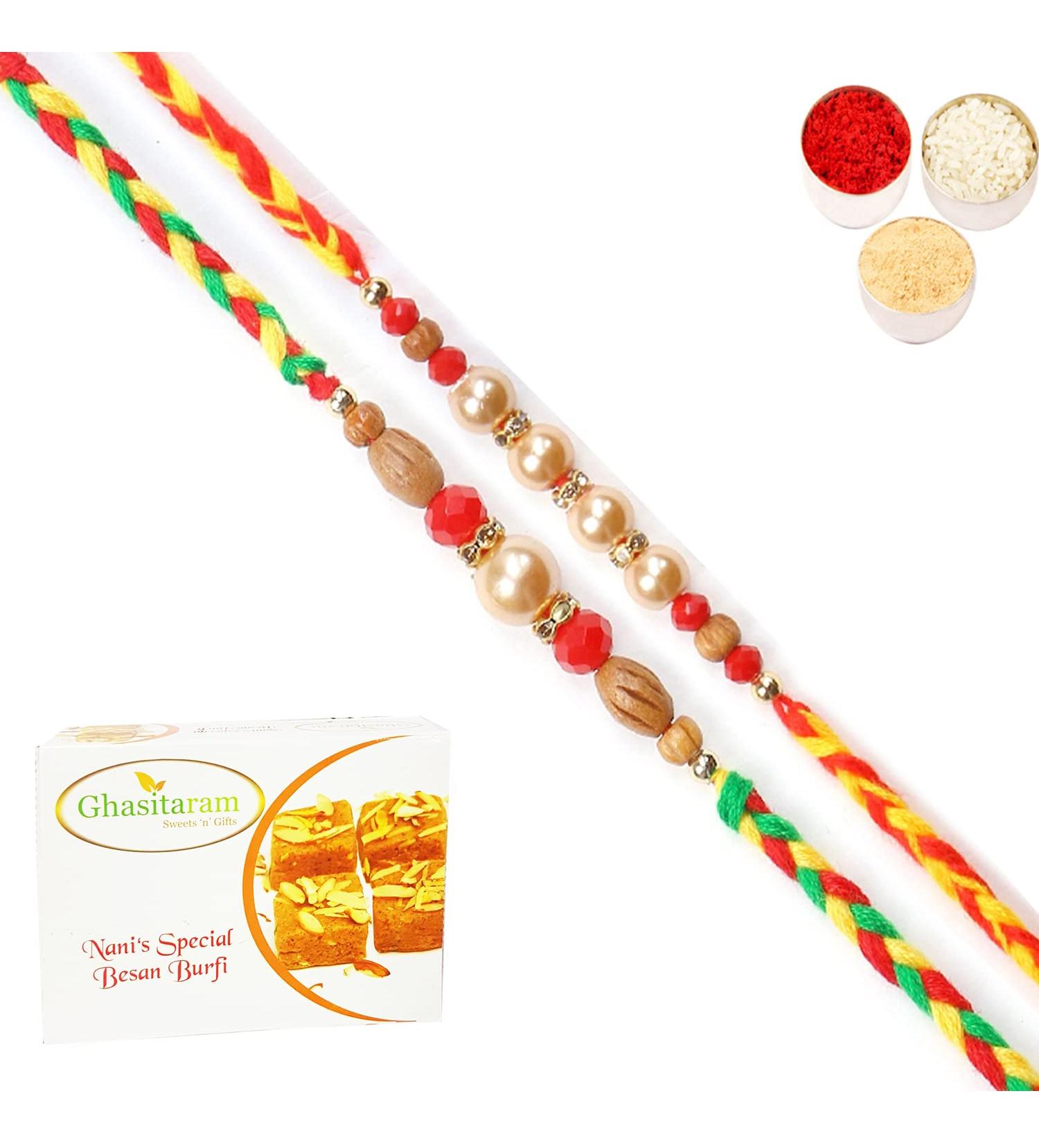 Ghasitaram Gifts Rakhi for Brother Rakhis Online - Set of 2 6431 6432 Pearl Rakhis with 400 GMS of Besan Barfi - Buy Online on GoSupps.com