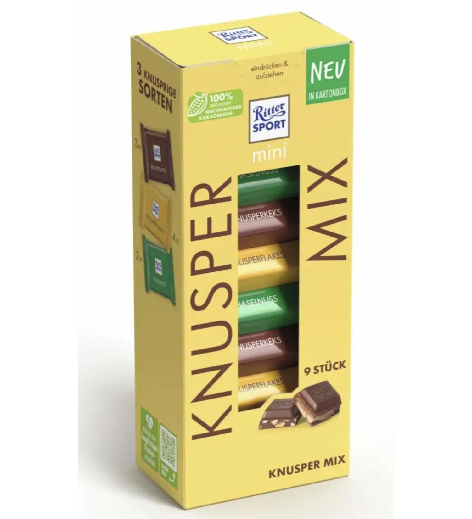 Ritter Sport Chocolate - Mini Knusper Mix, 3 flavors, cornflakes, butter biscuit, hazelnuts 9x16 gr, 1 box 150g Knusper