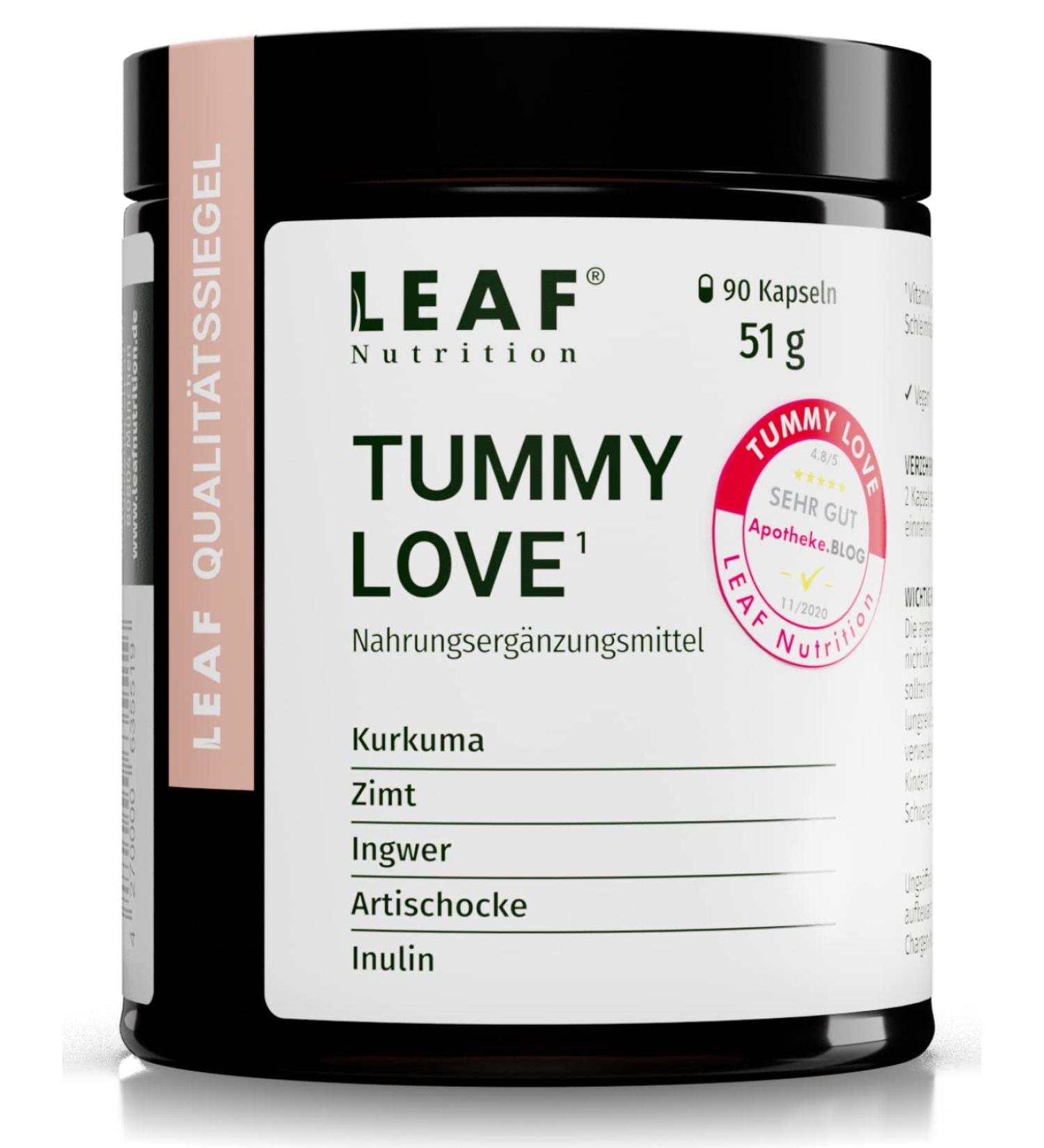 Leaf Tummy Love Capsules - Vegan Nutritional Supplement with Turmeric Cinnamon Ginger & Artichoke | 45 Days Supply | Sustainable Packaging | Made in Germany - Buy Online on GoSupps.com