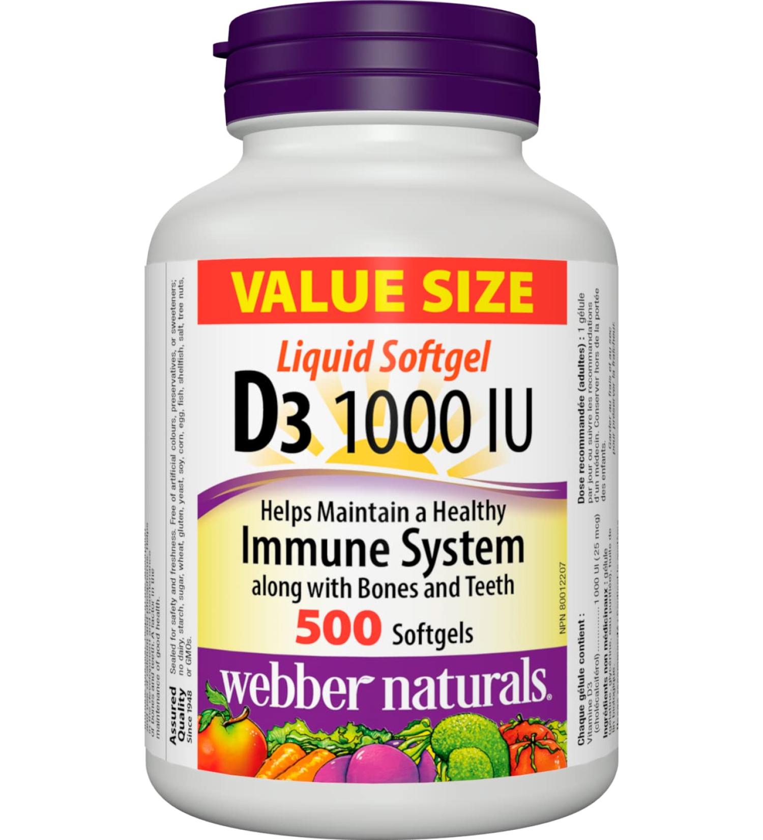 Webber Naturals Vitamin D3 1000 IU 500 Softgels For Healthy Bones Teeth and the Maintenance of Good Health 500 count (Pack of 1) - Buy Online on GoSupps.com