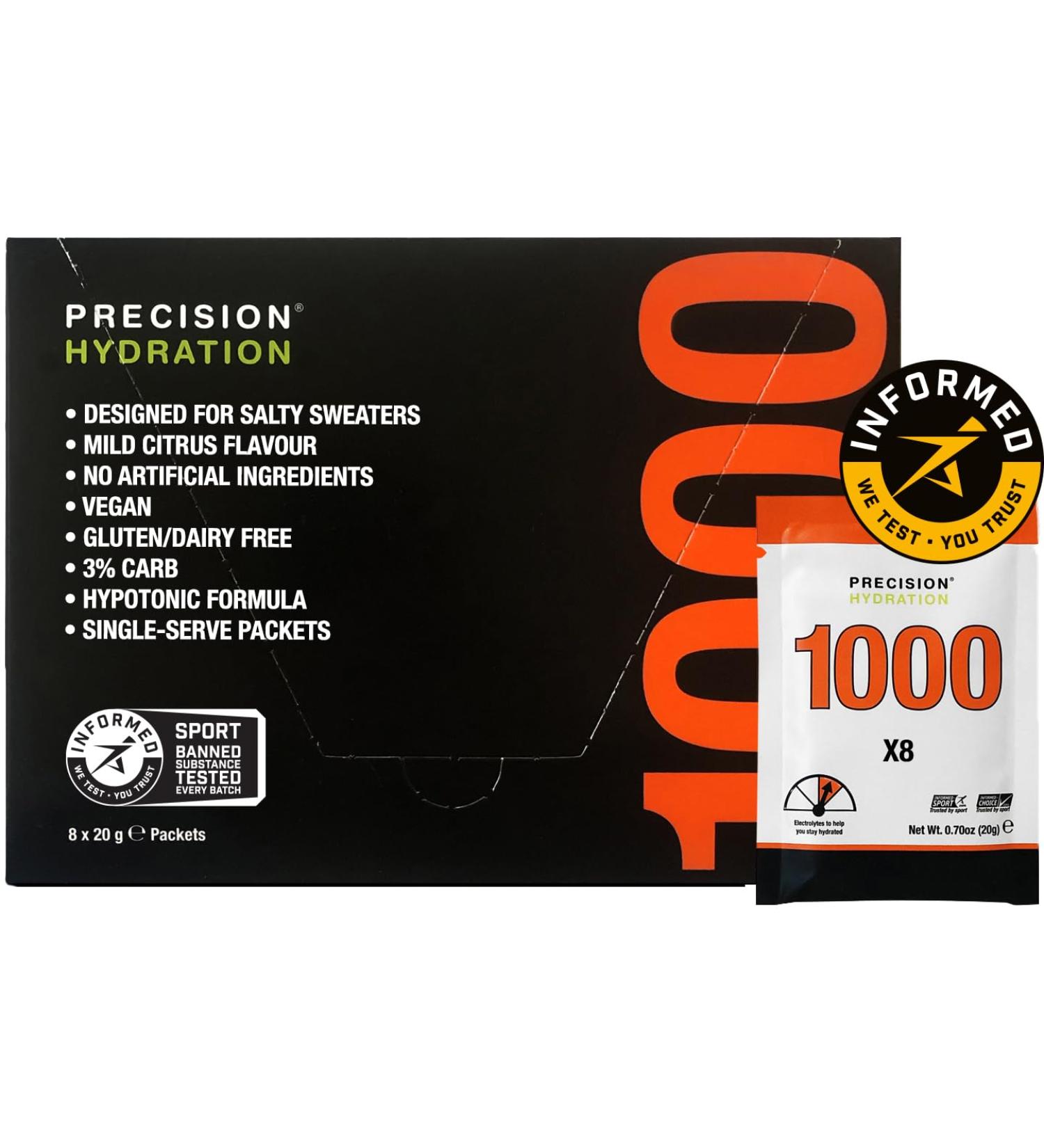 Precision Hydration Electrolyte Drink - All-Natural Gluten-Free Powder - 1000mg/L Hypotonic Formula - Fights Cramps - Multiple Strengths - 8 Sachets in Orange Package - Buy Online on GoSupps.com