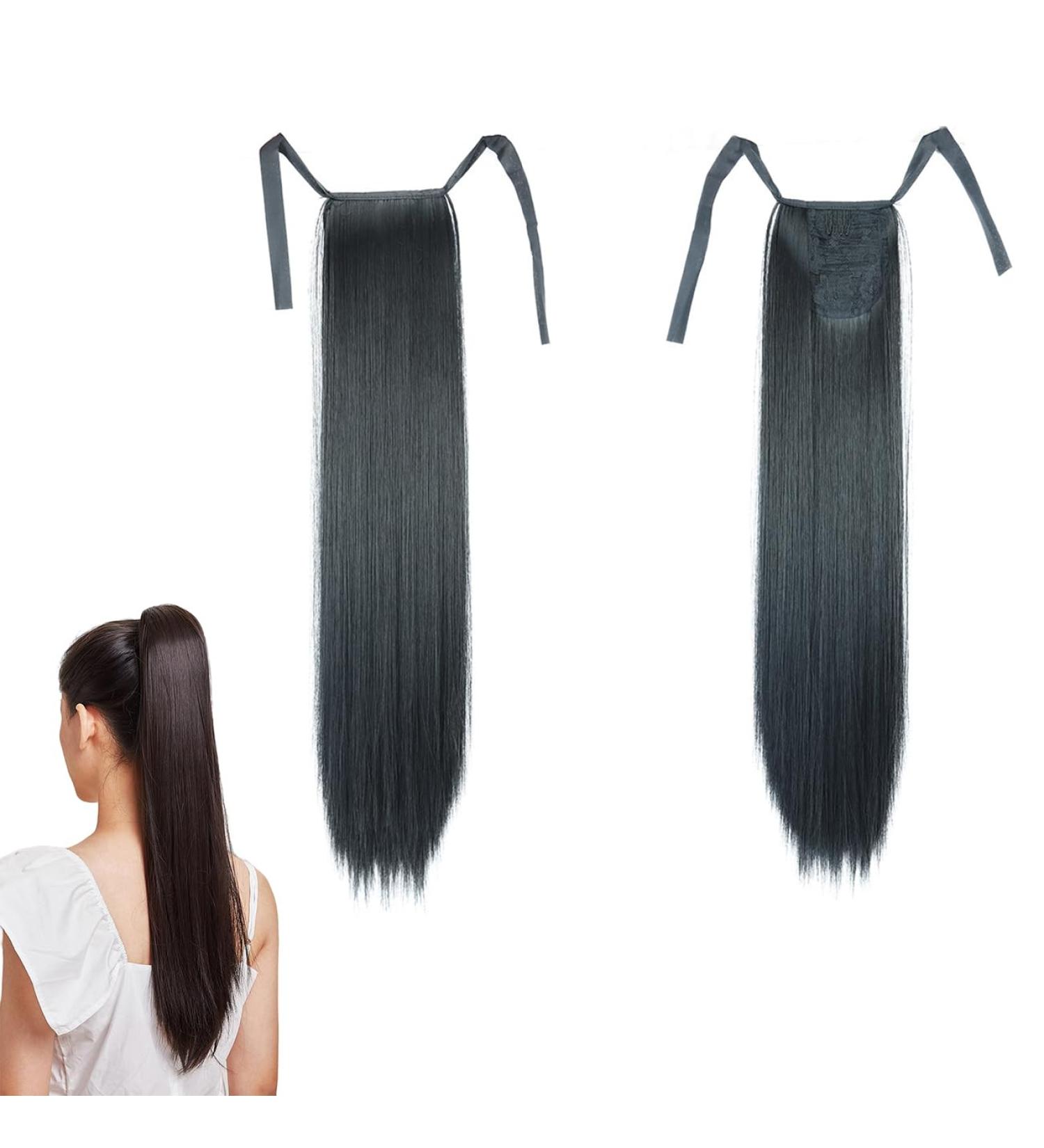 Prinfantasy Straight Long Halo Hair Extension | Black Synthetic Ponytail Clip | 22 Inch Wrap Around Hairpiece for Women - Buy Online on GoSupps.com
