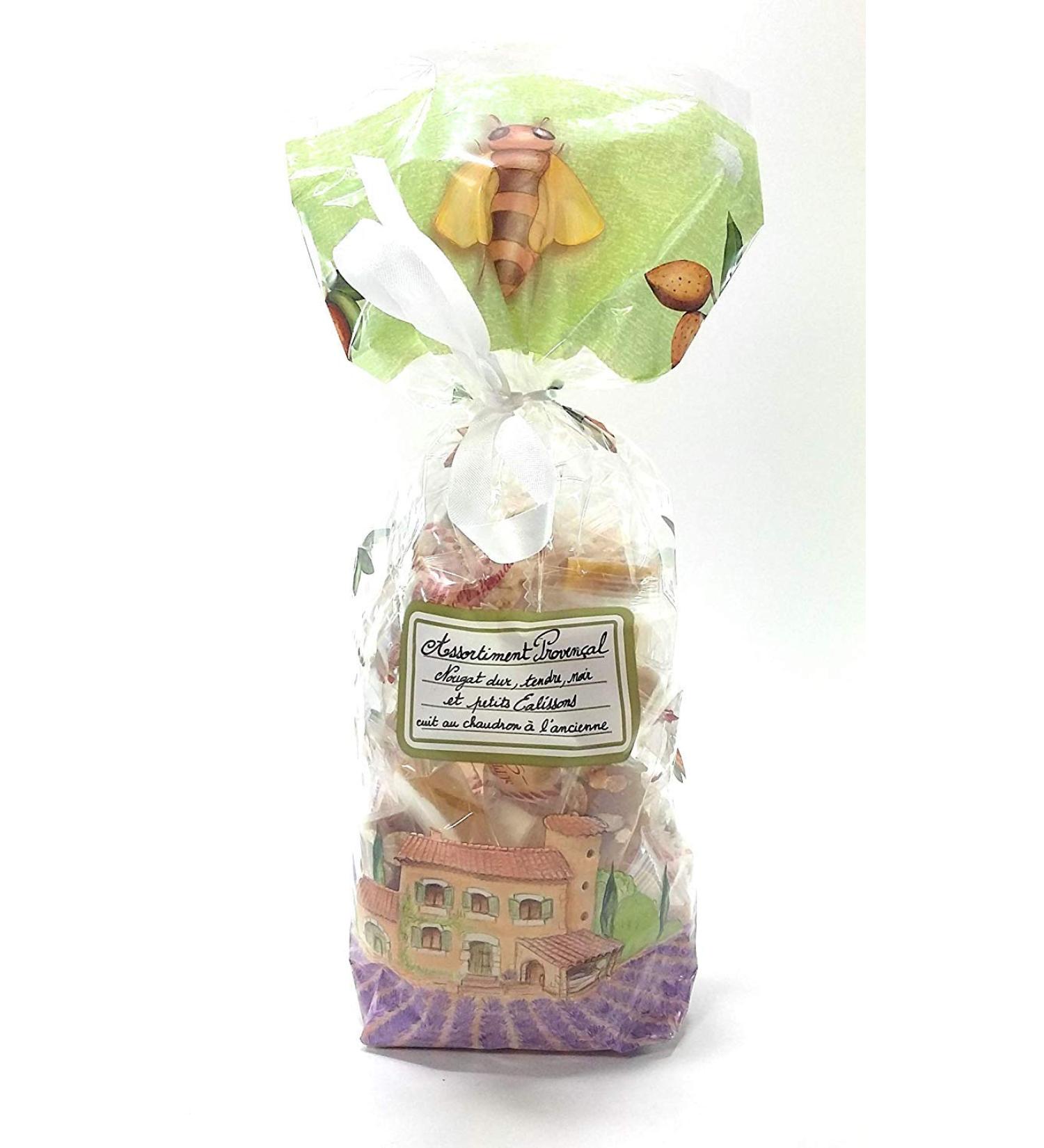 Product from Provence: Gift Bag Assortment of Provencal Nougats from Montelimar Soft Hard Black Nougat and Small Calissons from Provence 200 g