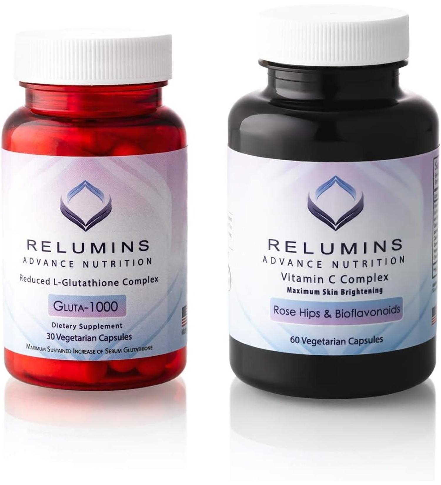 Relumins L-Glutathione & Vitamin C Supplement Bundle 1000mg Reduced Glutathione Complex with Alpha Lipoic Acid & Rose HIPS (30 Capsules) + MAX Vitamin C 1000mg (60 Capsules) - Buy Online on GoSupps.com