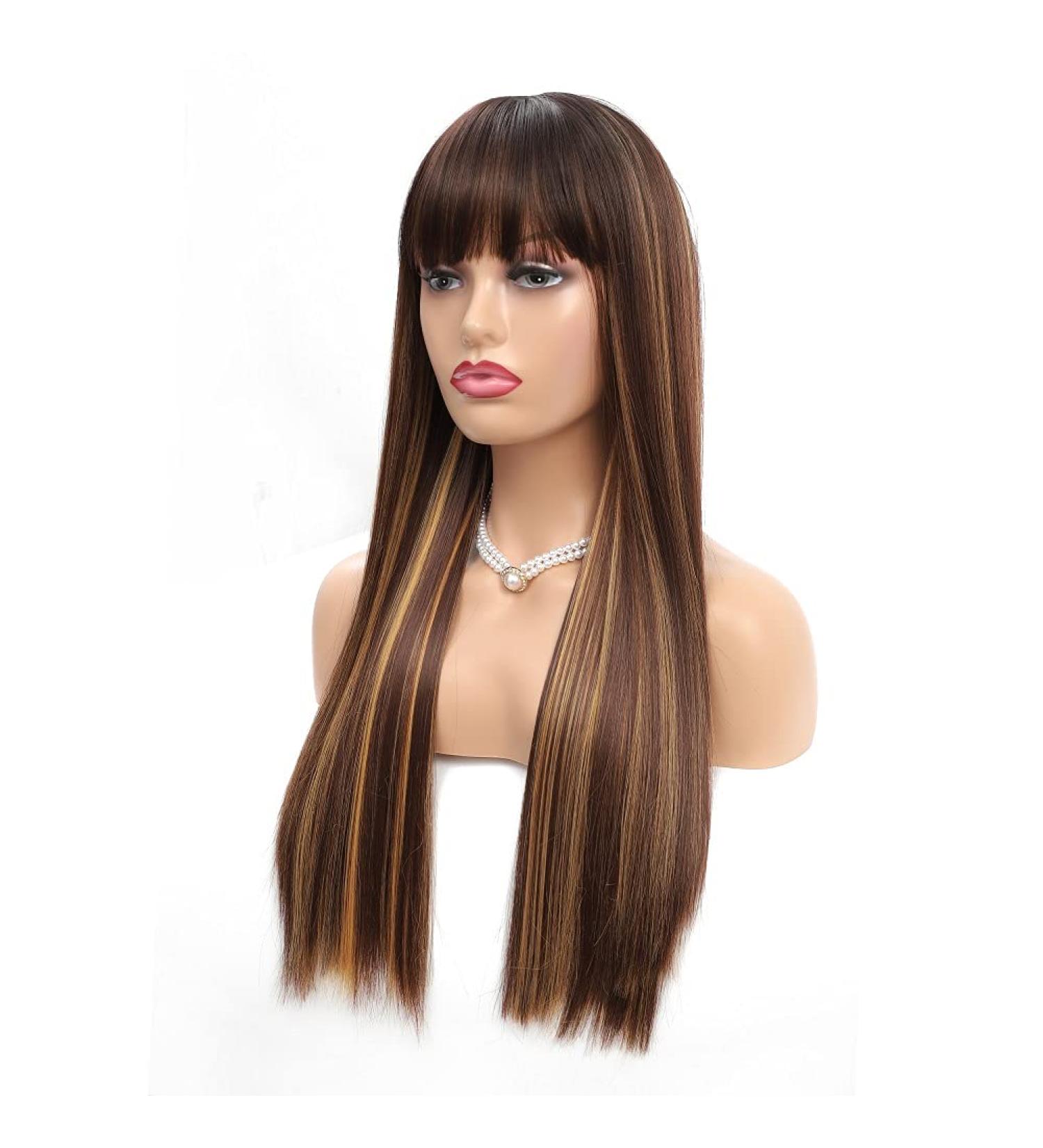 Highlight Blonde Remy Hair Wig with Bangs - 24 Inch Silky Soft Synthetic Wig for Women | Heat Resistant Fiber | Machine Made Glueless Full Wig - Buy Online on GoSupps.com