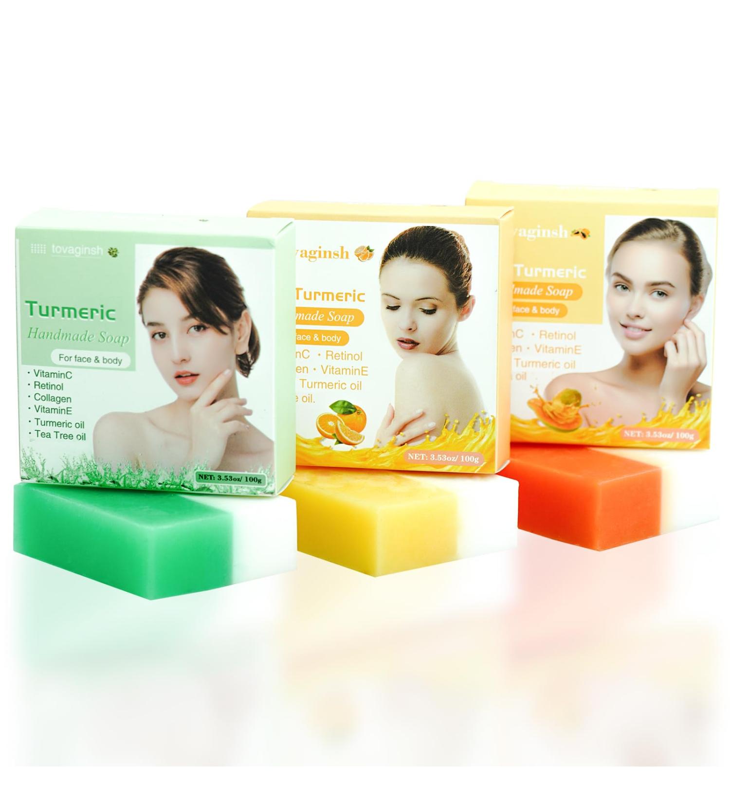 Buy 3 Pack Turmeric Soap Bar with Vitamin C - Collagen Infused Soothing & Nourishing Tea Tree Orange & Papaya Scent - International Shipping Available - Buy Online on GoSupps.com