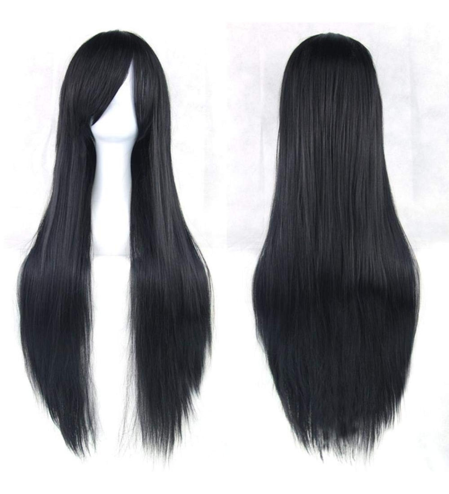 Lfmdjf 80cm Long Synthetic Hair White Purple Wigs Heat Resistant Fiber Party Black Hair Straight Wig Hairpiece for Women 32 Inches 1b/27 HL NC/4HL