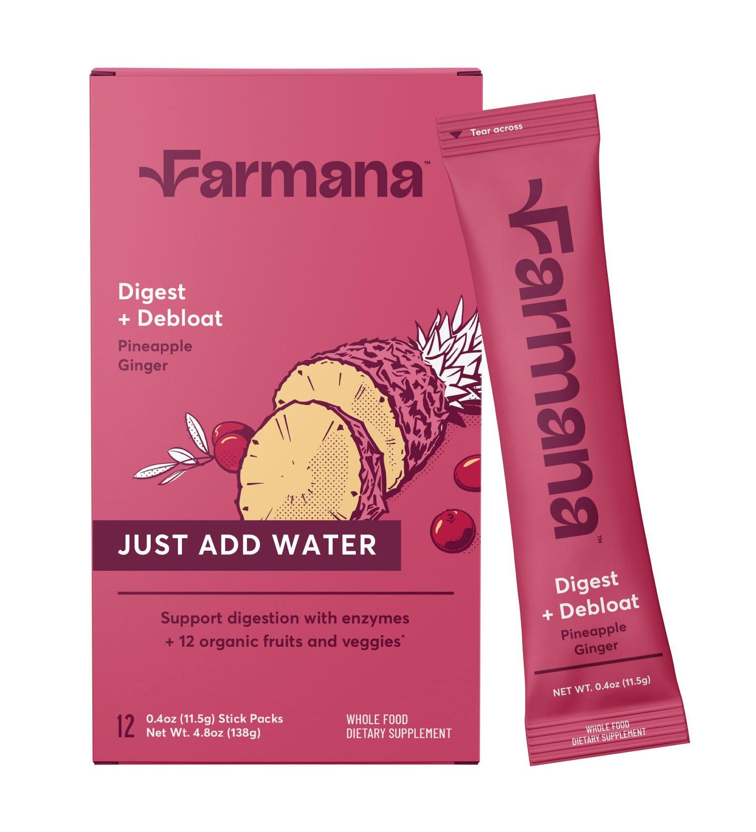 Farmana Debloating and Daily Digestion Drink Mix Anti-Bloating and Gut Health Supplement with Digestive Enzymes Prebiotics and Organic Superfoods Detox and Debloat - Pineapple Ginger Flavor - Buy Online on GoSupps.com