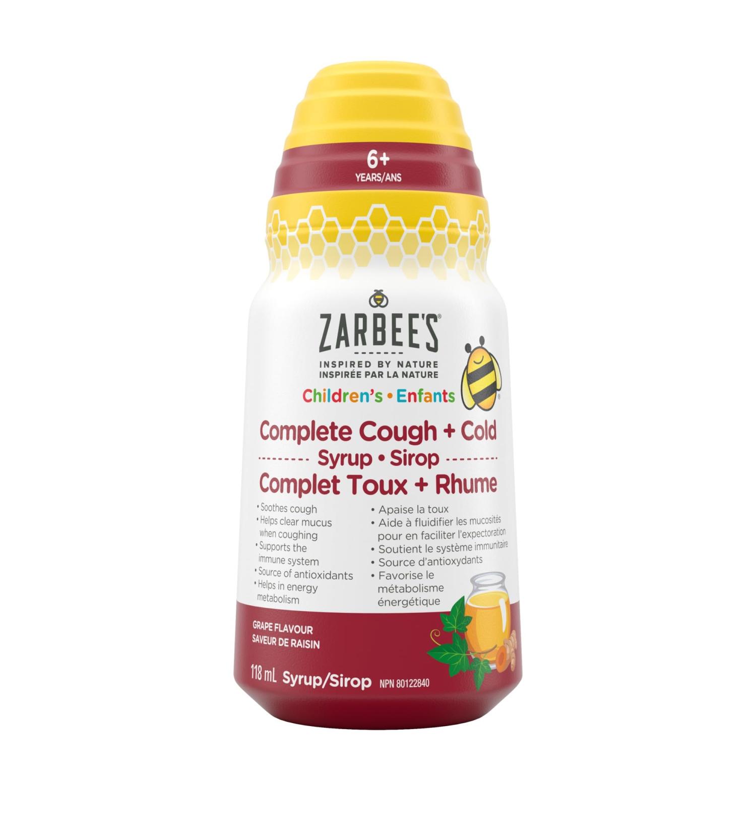 Zarbee's Children's Complete Cough + Cold Syrup Zinc Honey Tumeric Marshmallow Root B Vitamins English Ivy Leaf 118 mL - Buy Online on GoSupps.com