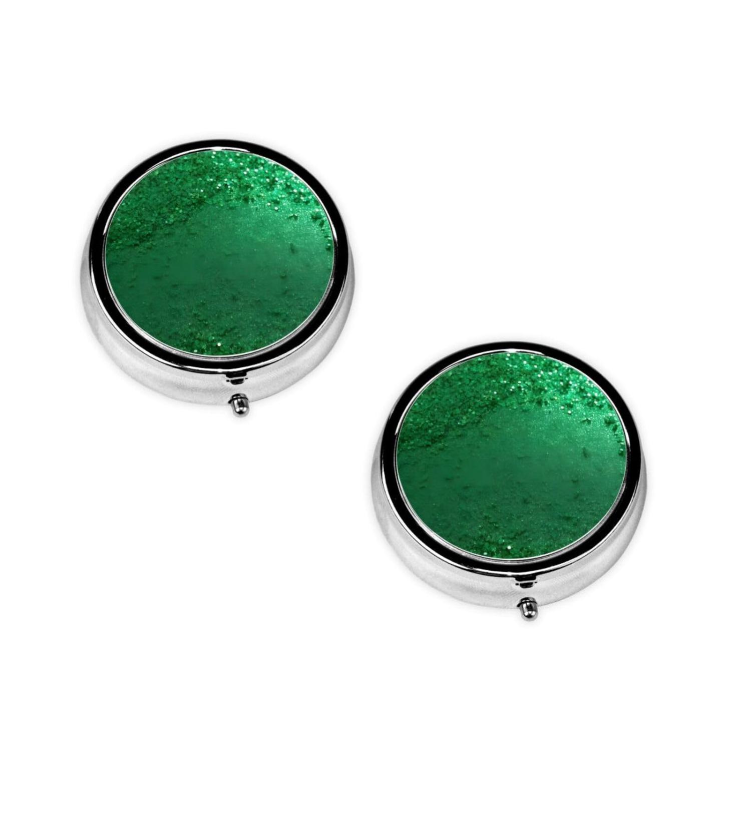 Green Sequin Mini Round Pill Box - 3 Compartment Travel Organizer | Portable Medicine Case for Home & Office - Buy Online on GoSupps.com