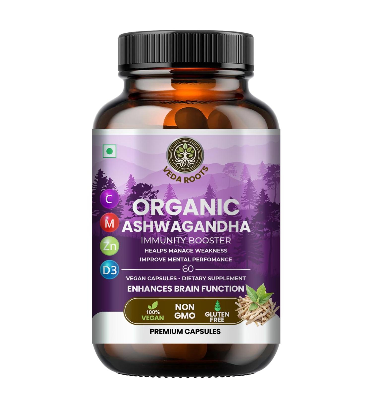 Veda Roots Ashwagandha KSM 66 Pure Organic Root Powder Extract Ayurvedic Supplement - Focus Mood Support Increase Energy Strength 600mg of Natural KSM66 for Superior Absorption - 60 Capsules - Buy Online on GoSupps.com