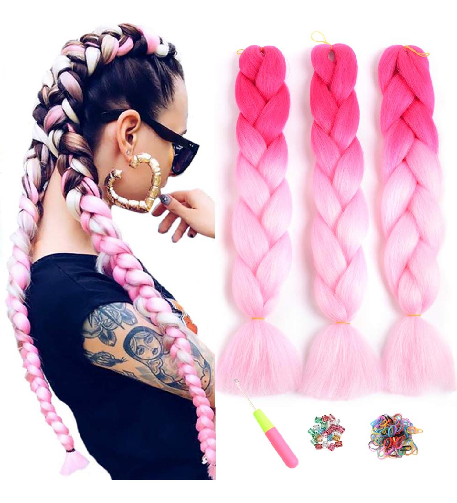 Shop Showjarlly Kanecalon Hair Braids Extensions | Ombre Jumbo Braid Hair - 24 Peach Light Pink | 3 Pack - Buy Online on GoSupps.com