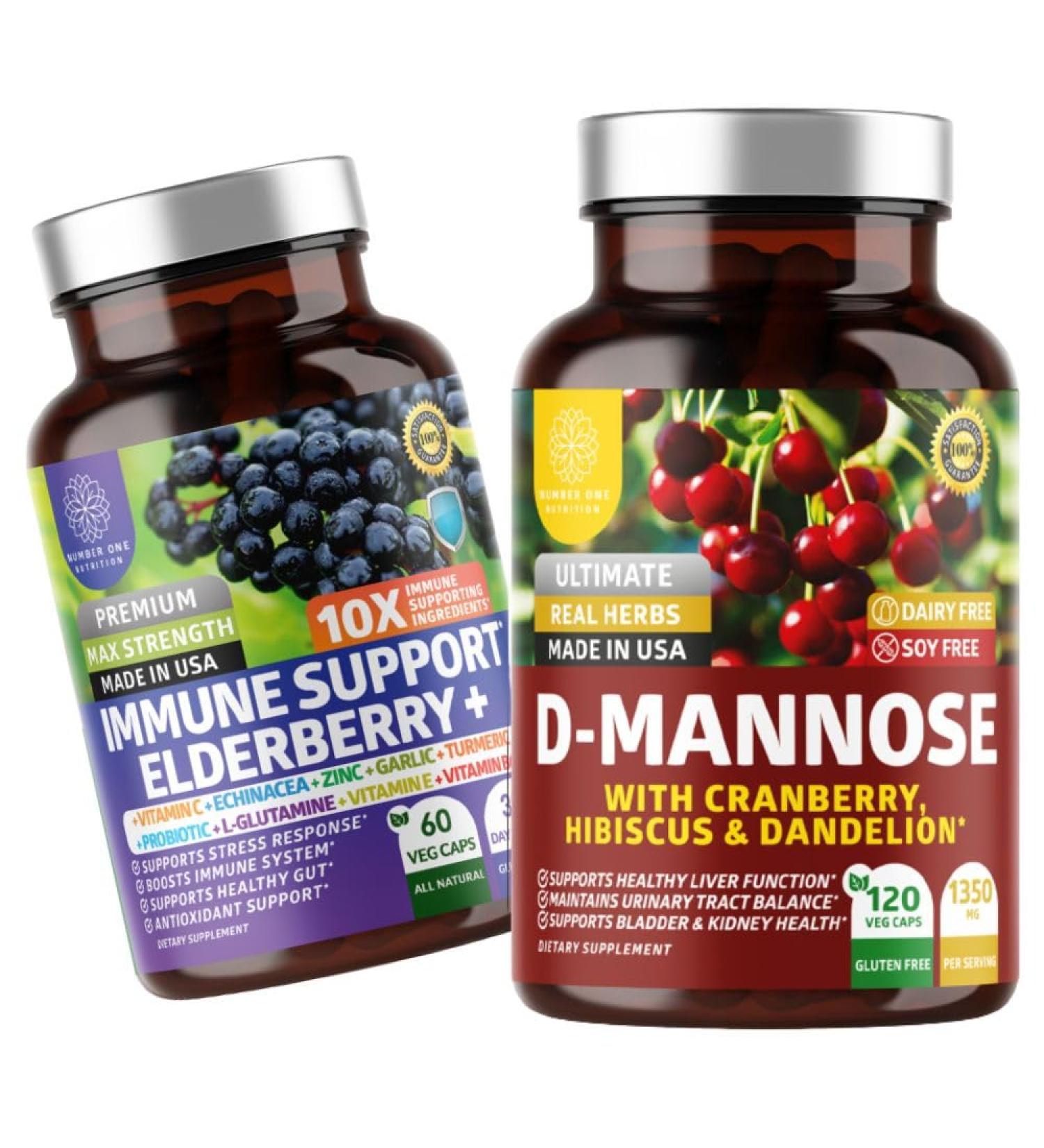 Number One Nutrition N1N Premium D-Mannose with Cranberry & Hibiscus 1350mg 120 Capsules and Immune Support Booster with Elderberry Vitamin C Echinacea & Zinc 60 Capsules 2 Pack Bundle - Buy Online on GoSupps.com