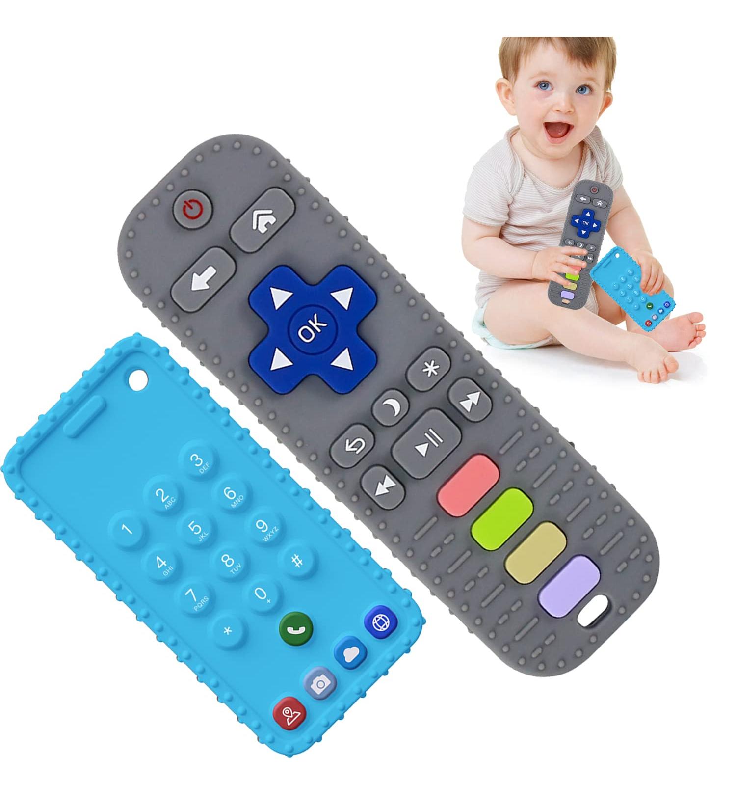 Silicone Remote Control Shape Baby Teething Toys 2 Pack | Chew Toys for Boys and Girls | Silicone Teether Toy for Babies 3-12 Months | Grey+Blue - Buy Online on GoSupps.com