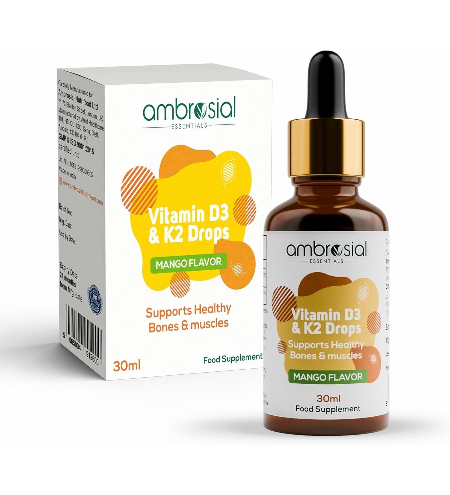 AMBROSIAL Vitamin D3 K2 Drops - for Adults and Kids (Pack of 1-30ml) 1.05 Fl Oz (Pack of 1) - Buy Online on GoSupps.com