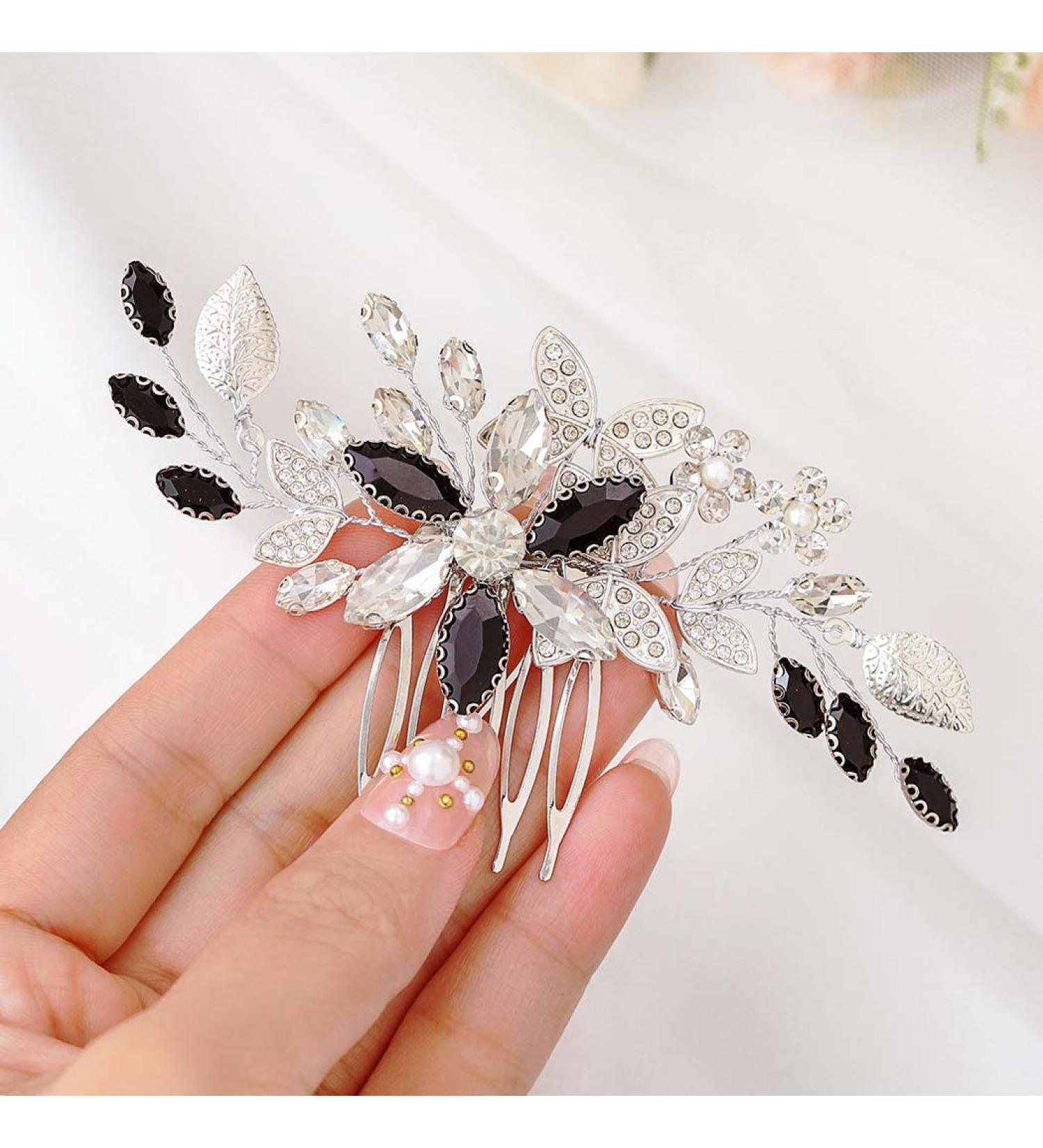 IYOU Rhinestone Black Flower Bridal Hair Comb - Crystal Wedding Side Piece for Women - Buy Online on GoSupps.com