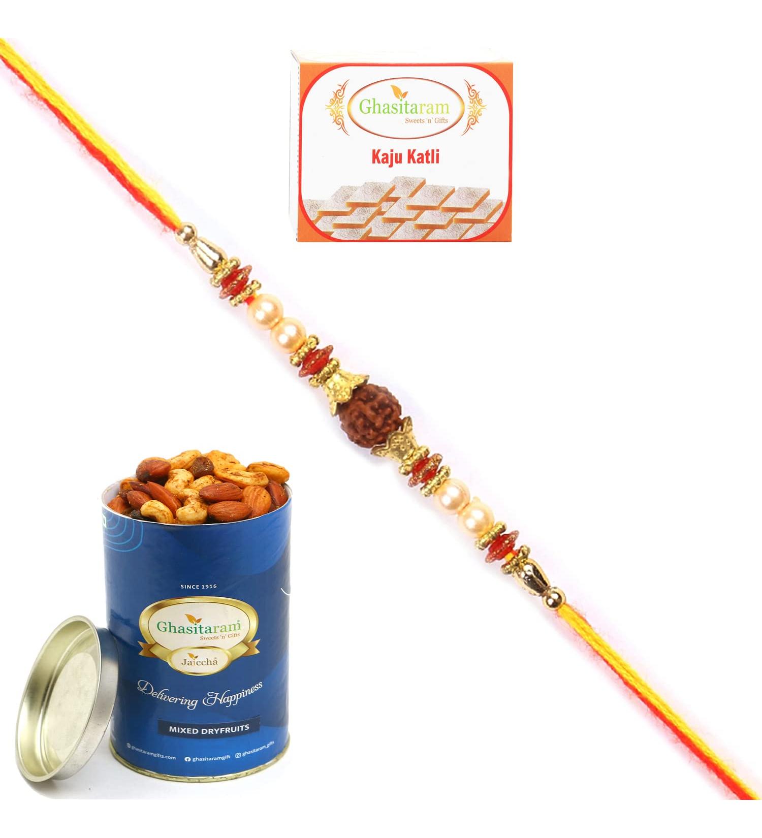 Ghasitaram Gifts Rakhi for Brother Rakhis Online 6168- Rudraksh Rakhi with 100 GMS of Dryfruits Mix Can 200 GMS of Kaju katli Rakhi & 100g Dryfruits Mix Can 200g Kaju katli - Buy Online on GoSupps.com