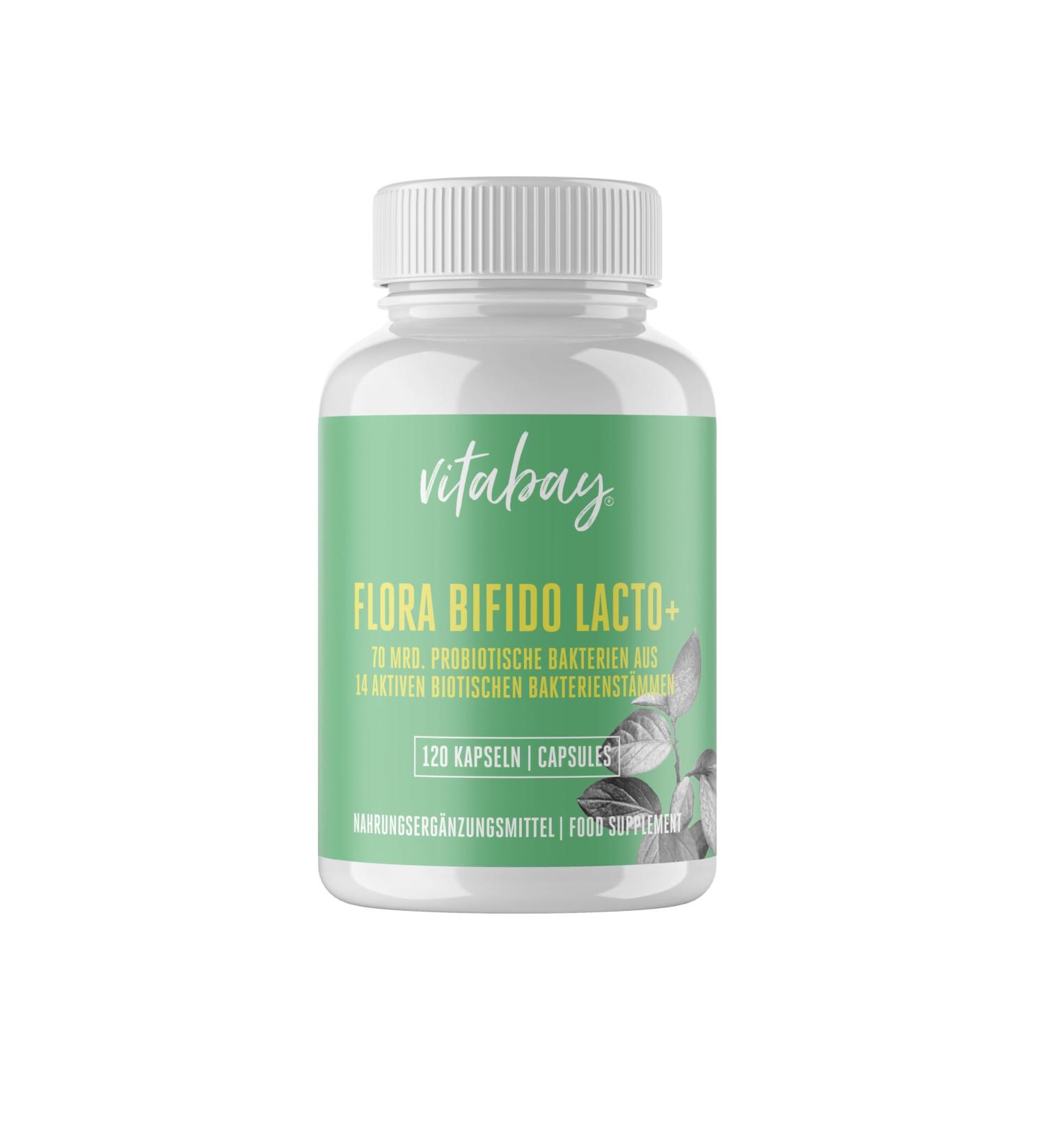 Vitabay Flora Bifido Lacto - 120 Vegan capsules - 14 active bacterial strains + zinc - intestinal bacteria capsules 70 billion biotic bacteria - intestinal bacteria probiotics capsules lactobacillus bifidobacteria 120 pieces (1 Pack)