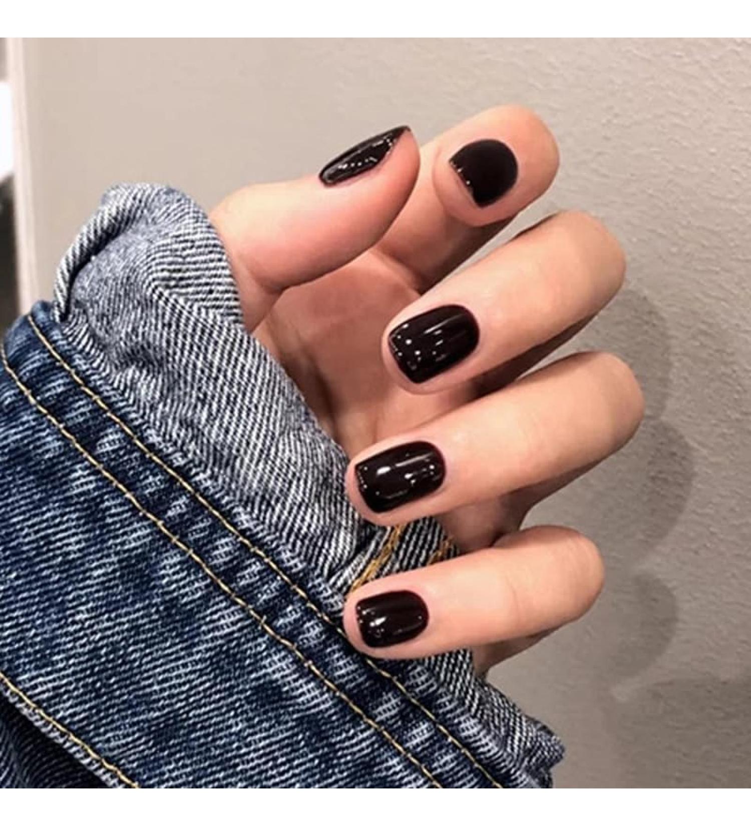 Press on Nails Short Round Fake Nails Black False Nails Gloss reusable Press on Nails Designs Acrylic Nails Press on Artificial Nails Stick on Nails For Women Girls 24Pcs - Buy Online on GoSupps.com