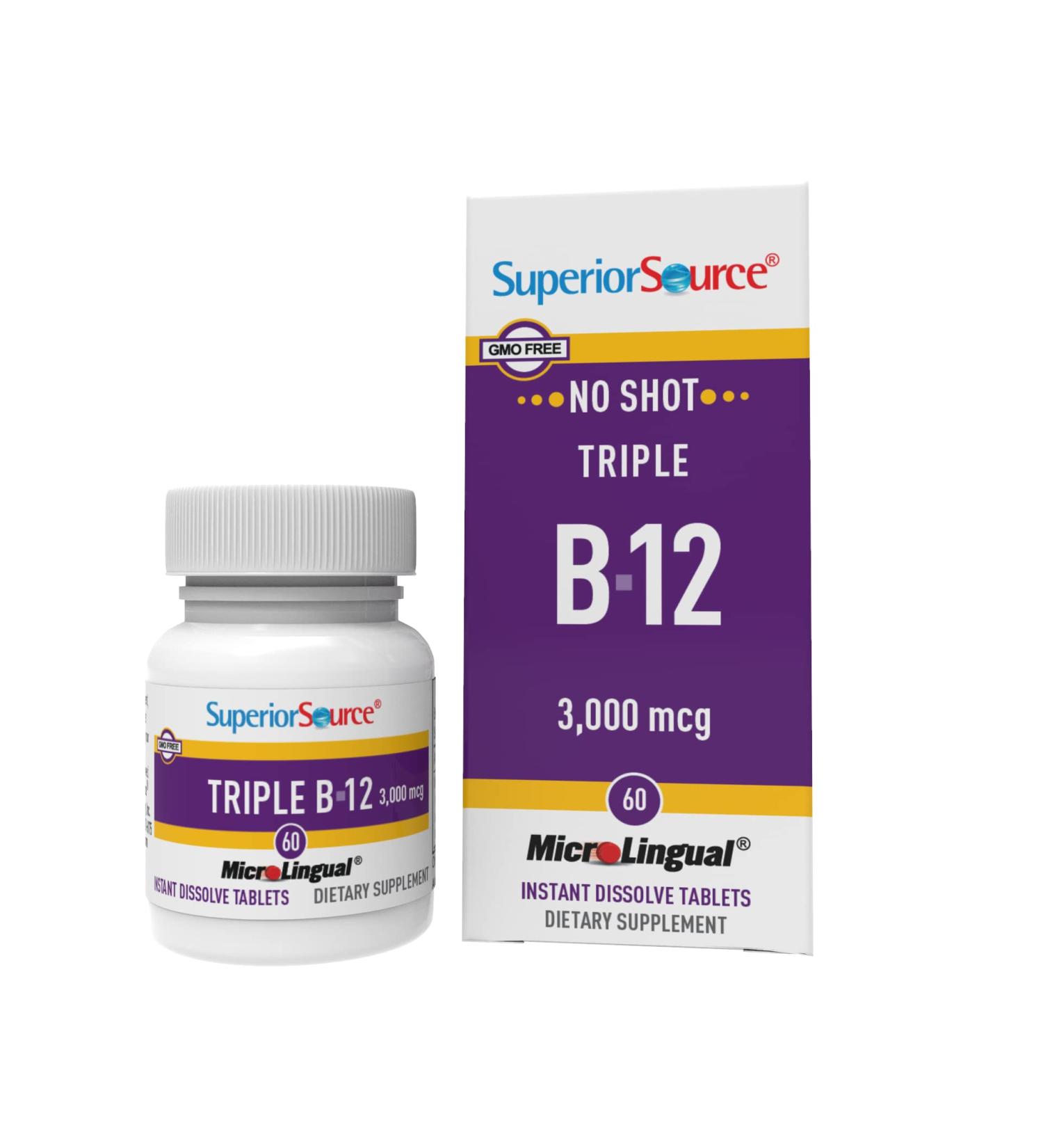 Superior Source Triple B12 3000 mcg Sublingual Tablets 60 Ct - Methylcobalamin, Adenosylcobalamin & Cyanocobalamin for Cognitive, Heart & Nervous System Health | Non-GMO - Buy Online on GoSupps.com