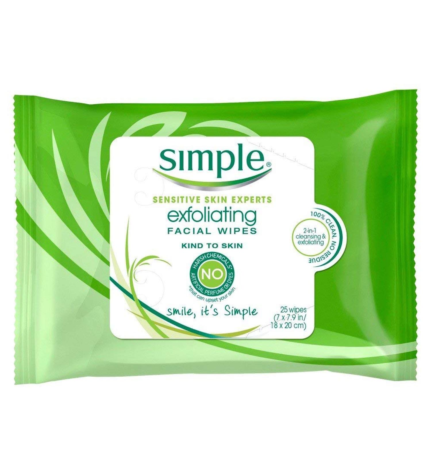 Simple Exfoliating Facial Wipes 25 Each (Pack of 5)