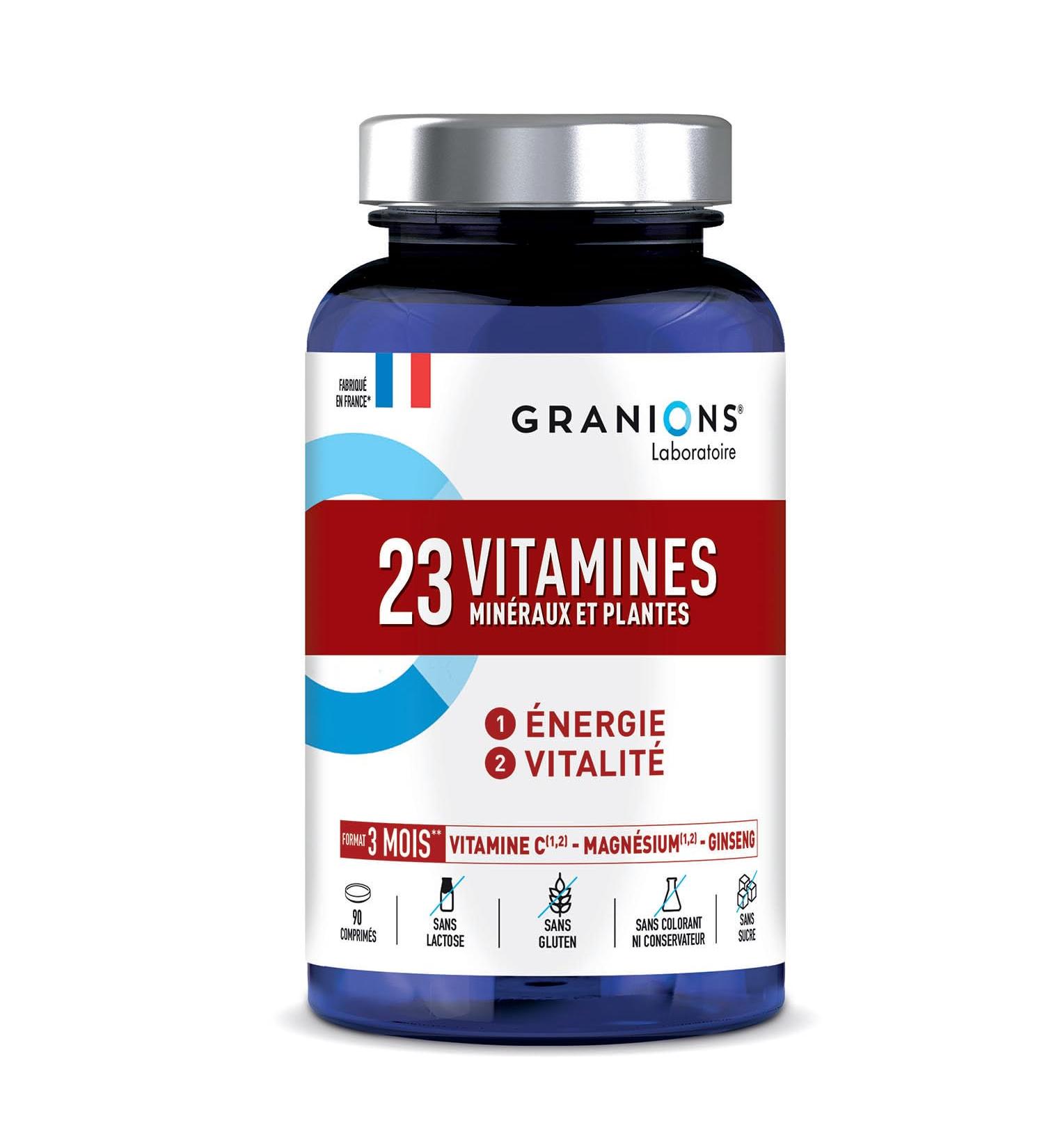 GRANIONS 23 VITAMINS - Magnesium Vitamin D Vitamin C Zinc Chromium Ginseng Selenium Iodine - Energy & Vitality - Anti Fatigue - 90 Tablets - 3 Months Format - Made in France - Buy Online on GoSupps.com