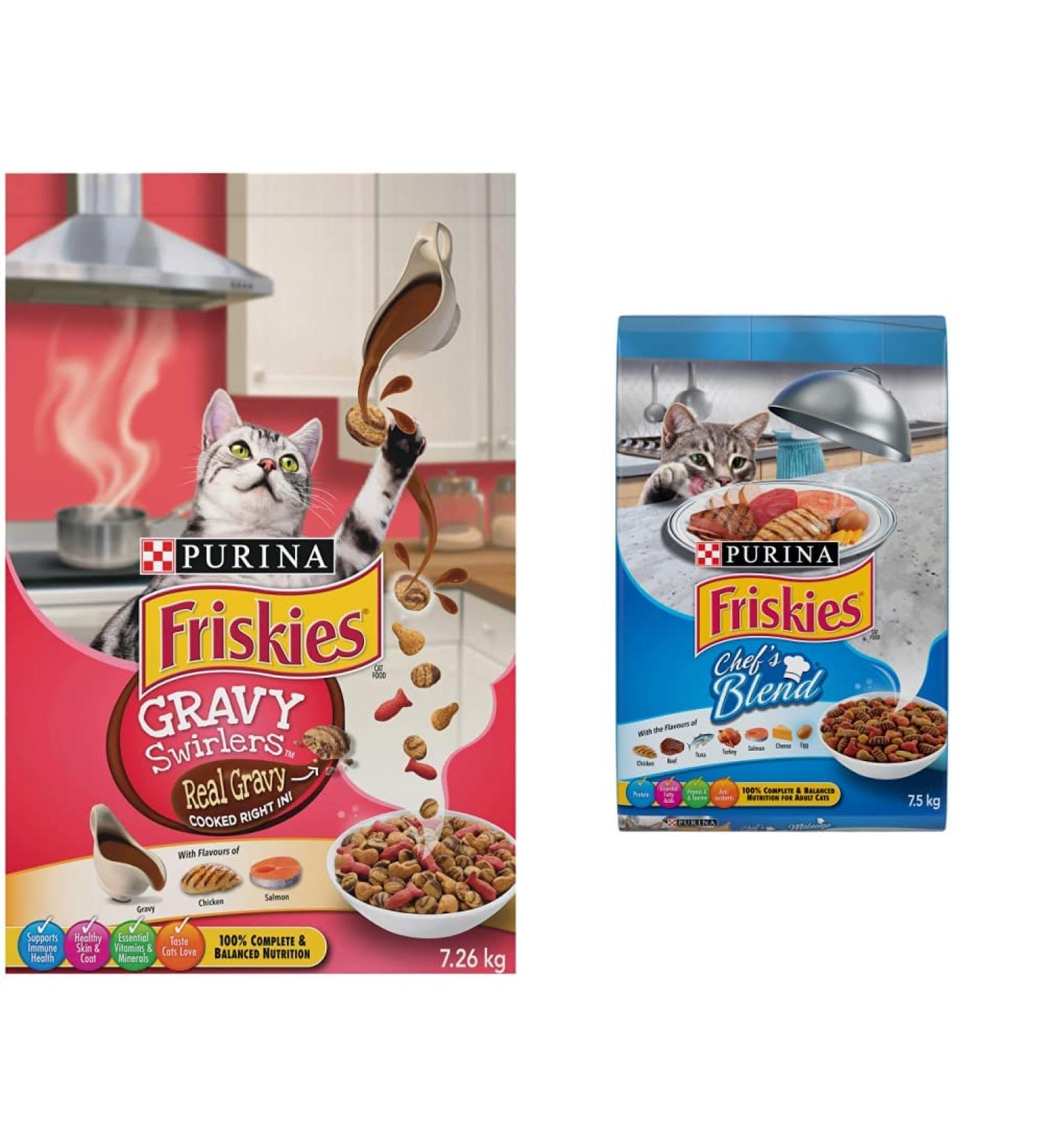 Friskies Gravy Swirlers Dry Cat Food (7.26 kg Bag) and Friskies Chef's Blend Dry Cat Food (7.5 kg Bag) - Buy Online on GoSupps.com