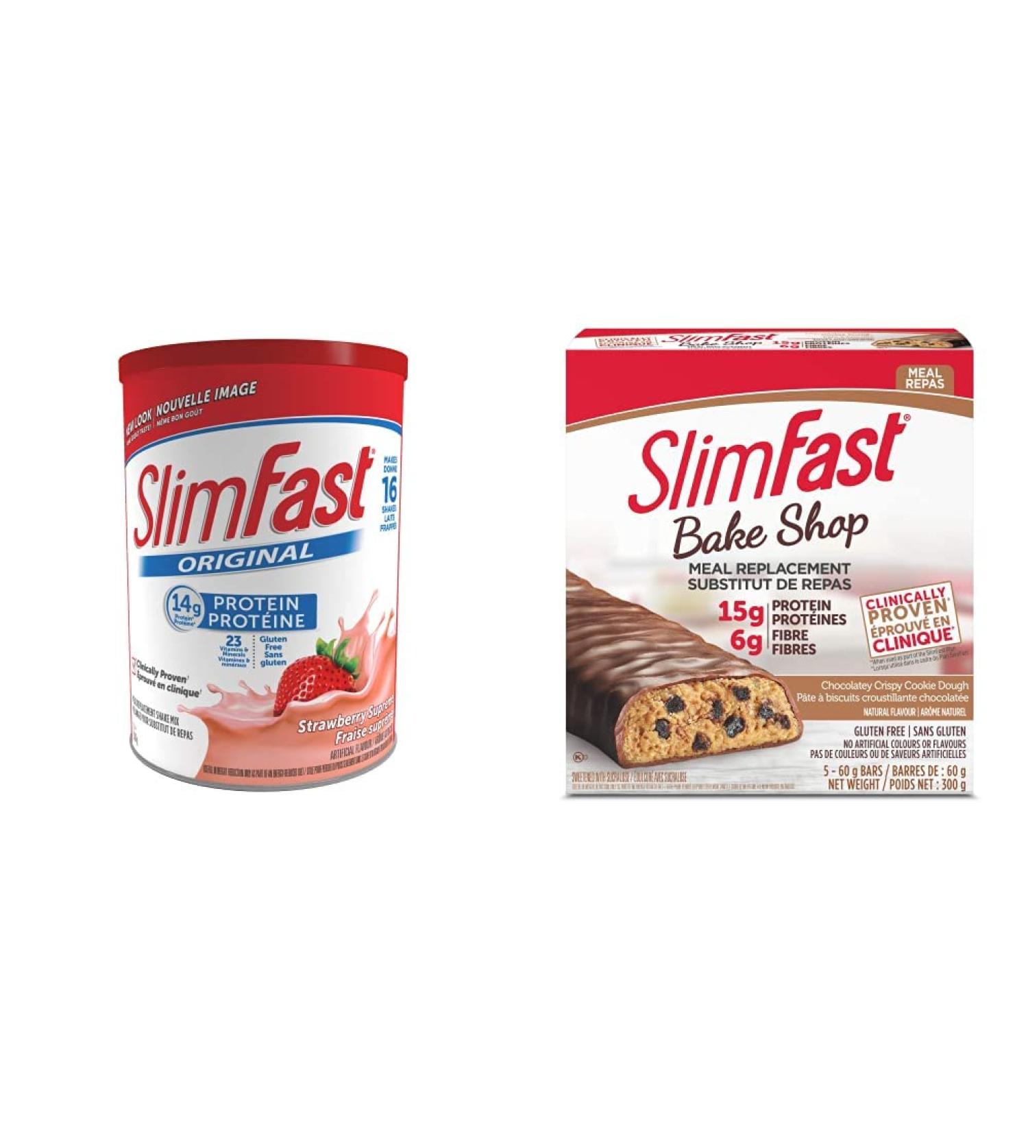 SlimFast Original Meal Replacement or Weight Loss Shake Mix Powder - 530g - Strawberry Supreme Flavour & 1 Box of Slimfast Bake Shop Meal Replacement Bars with 15g of Protein & 5g Fiber - Buy Online on GoSupps.com