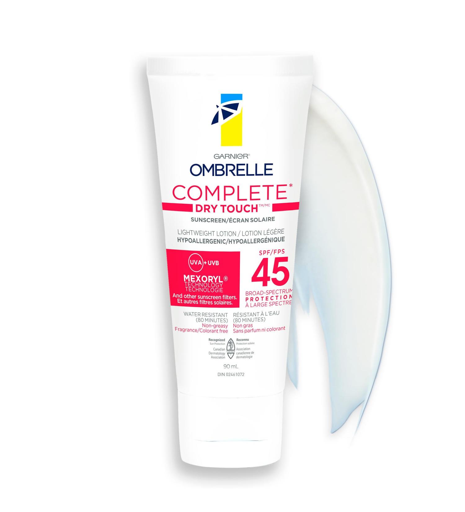 Garnier Ombrelle Complete Dry Touch Sunscreen Lotion SPF 45 For Face & Body For Sensitive Skin Water-Resistant Non-Greasy Non-Sticky Hypoallergenic Fragrance-Free High Broad Spectrum UVA/UVB Protection 90ml - Buy Online on GoSupps.com