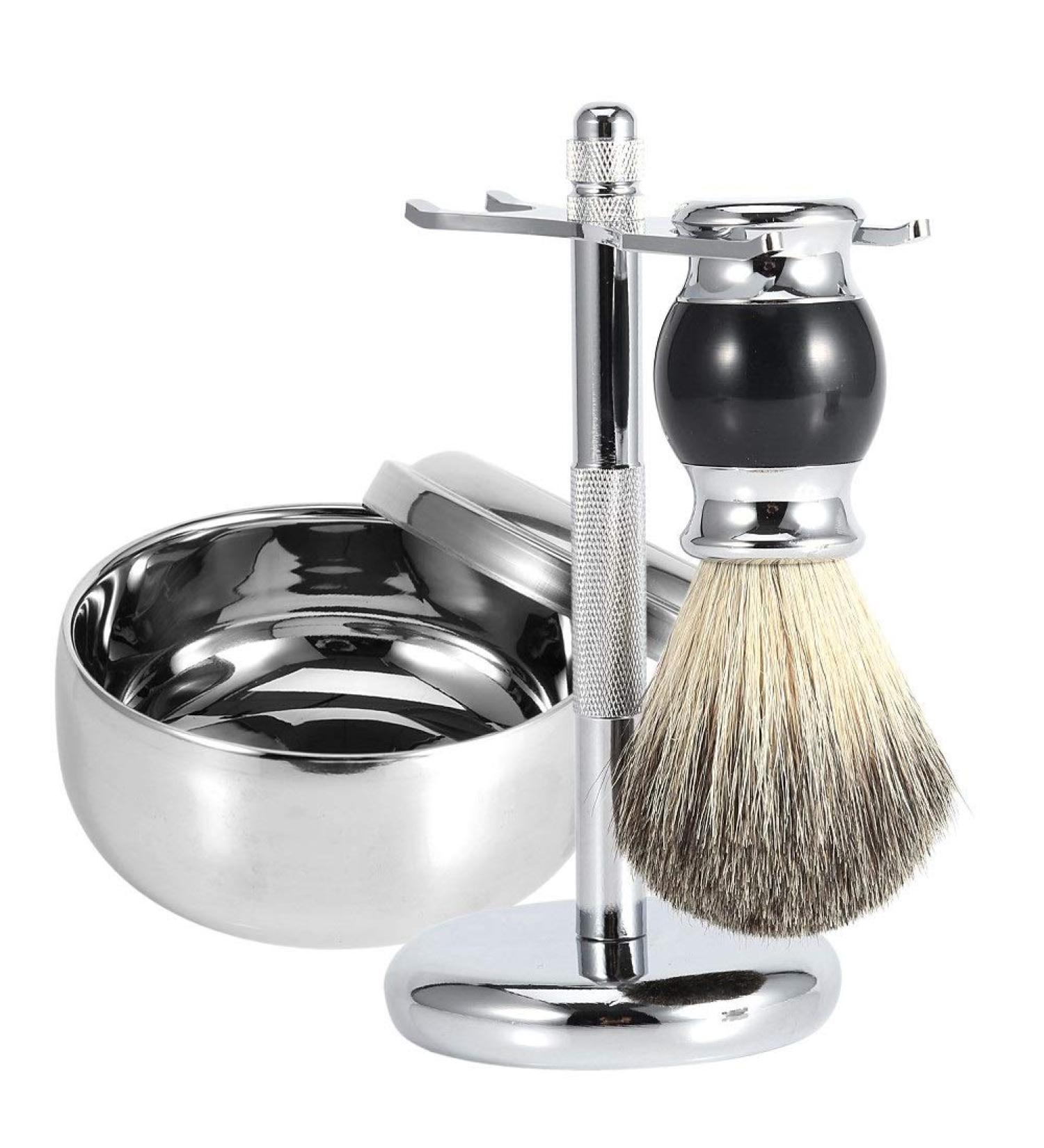Professional Men's Shaving Set: Razor Stand Faux Badger Hair Brush & Alloy Soap Bowl - Perfect Grooming Kit for a Smooth Shave - Buy Online on GoSupps.com