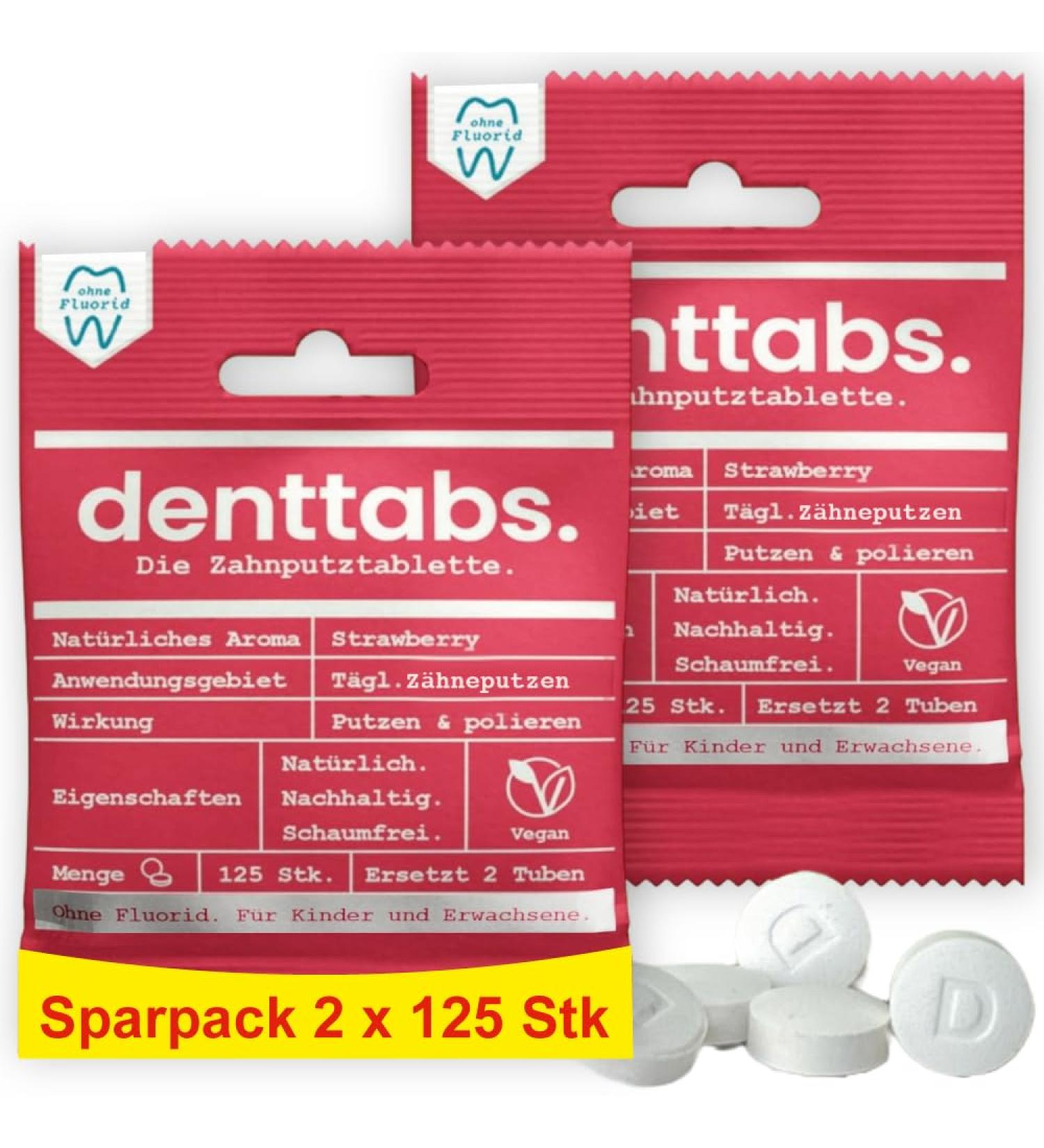 Denttabs Strawberry Toothbrushing Tablets - Complete Toothpaste Alternative - Fluoride Free - For Kids & Adults - Plastic Free - Preservative Free - 125 Count Bag - Buy Online on GoSupps.com