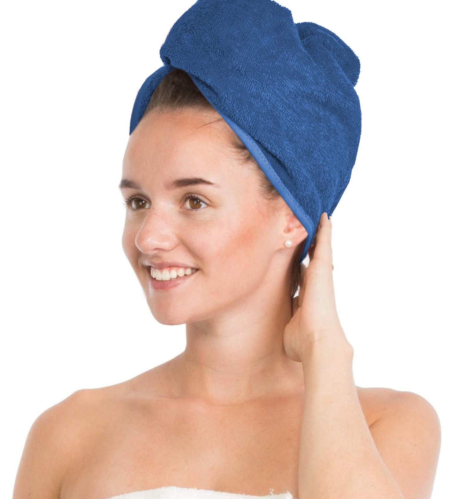 Brandsseller hair turban hair drying towel headscarf hair cap towel with button 100% cotton (blue)
