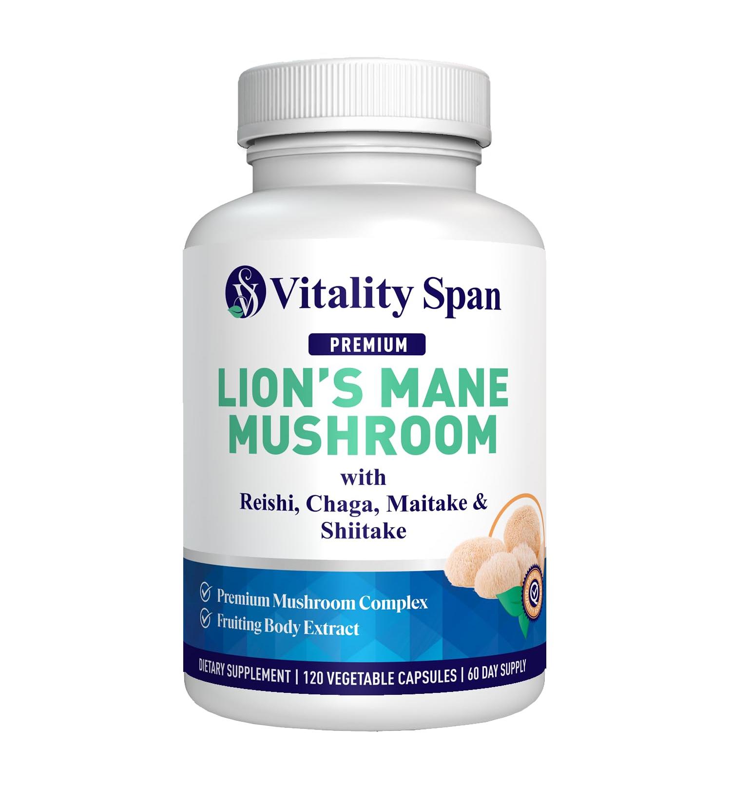 Vitality Span Lions Mane Supplement Capsules - Mushrooms Extract 1 400mg with Chaga Maitake Reishi & Shiitake Mushrooms Pure Fruiting Body Nootropic Focus Brain Cognitive Support 120 Veg Caps - Buy Online on GoSupps.com