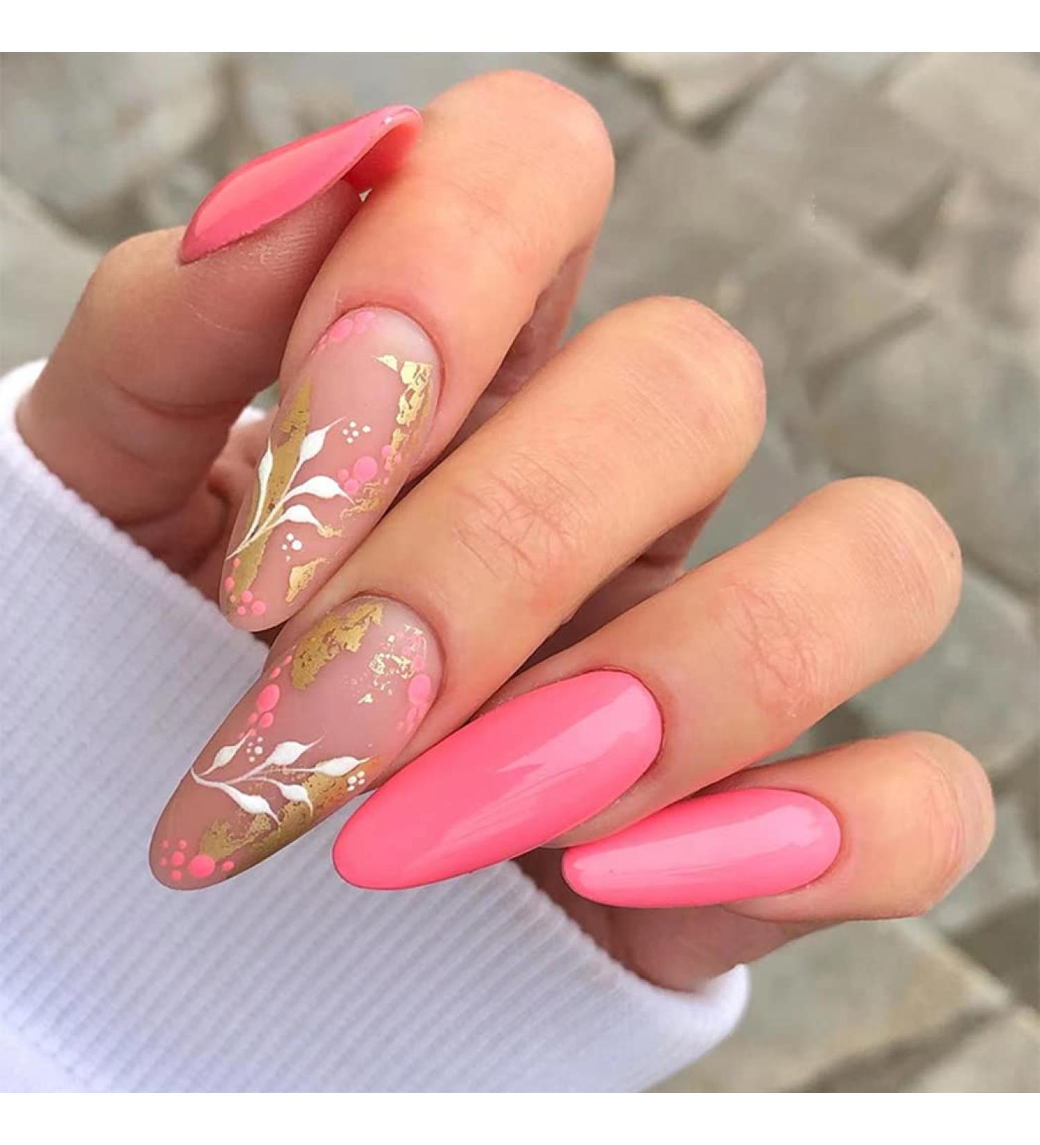 Sethexy Short Almond False Nails - Pink Flower Press-On Acrylic Nails | 24 Pieces for Women & Girls | Shiny & Easy to Apply - Buy Online on GoSupps.com