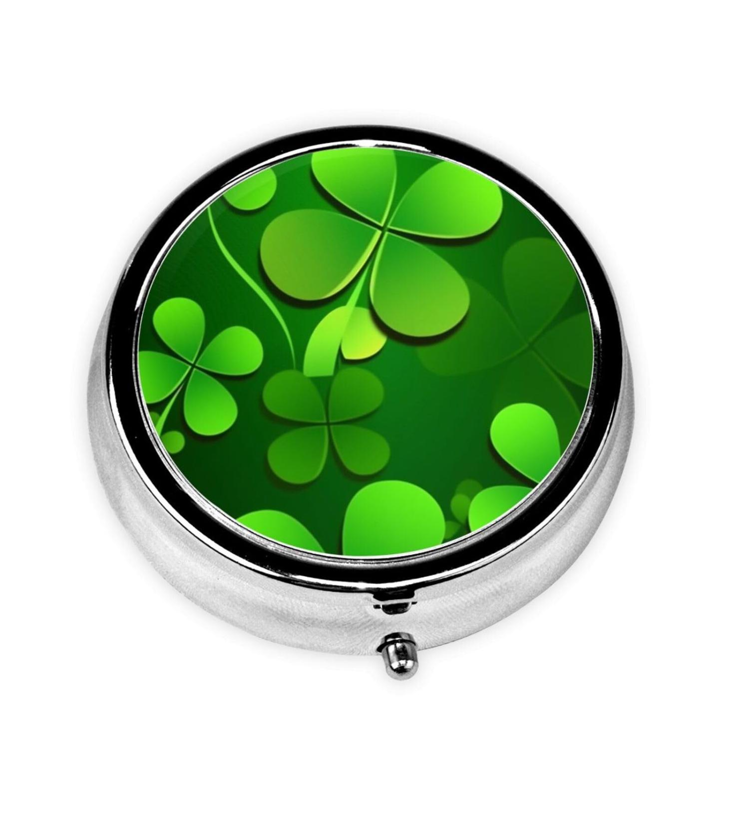 Green Four Leaf Clover Portable Metal Pill Box | Round Mini 3-Compartment | Travel Essential for Small Pills | Hinged Design | Black - Buy Online on GoSupps.com