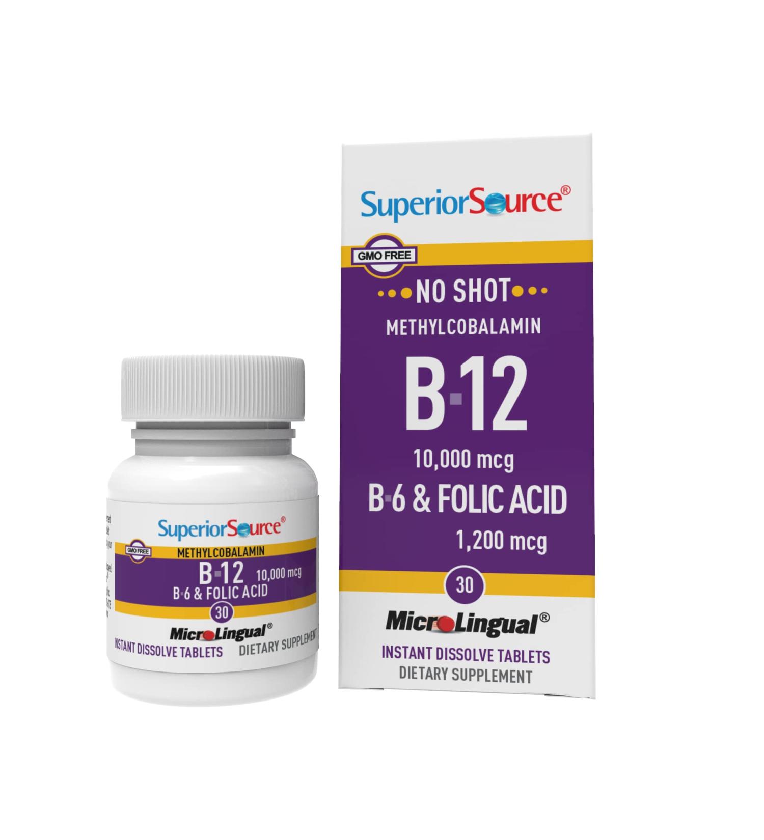 Superior Source No Shot Vitamin B12 Methylcobalamin 10000 mcg, B6, Folic Acid Quick Dissolve Sublingual Tablets - 30 Ct | Energy, Heart Health, Metabolism Boost, Stress Support - Non-GMO - Buy Online on GoSupps.com