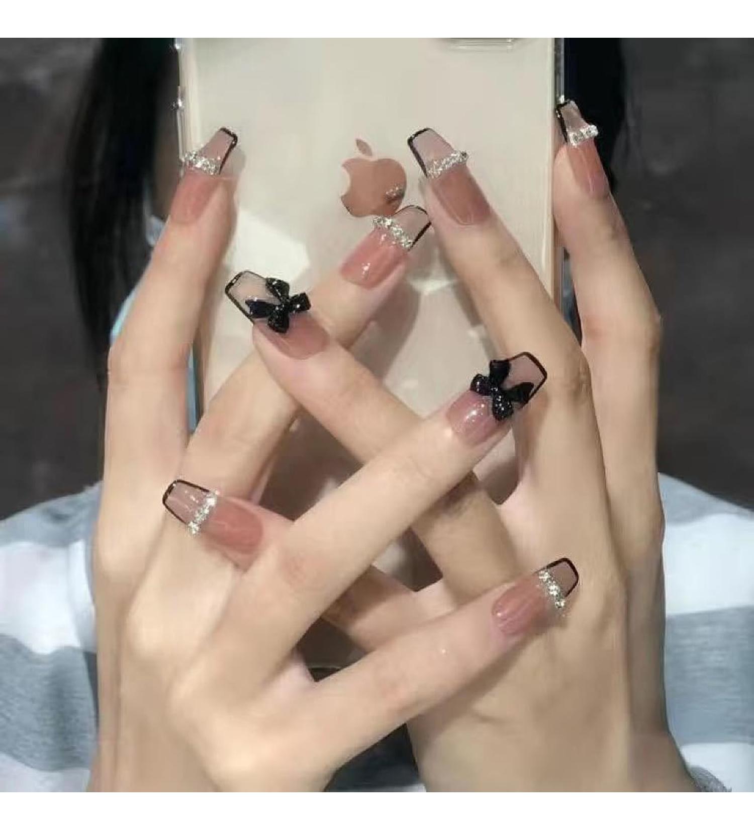 French Tip Press on Nails - Short T Press On Nails with Nail Tips Sparkling Diamond Black Butterfly Coral color Design press on nails Acrylic False Nails Cute Artificial Nails - Buy Online on GoSupps.com