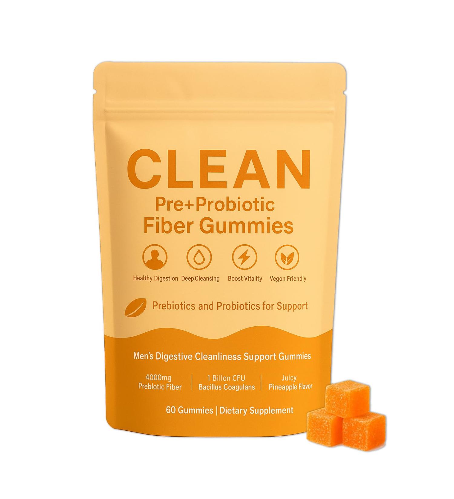 Hochornk Clean Prebiotic Fiber Gummy Pre+Probiotic Fiber Gummies for Men Sugar-Free Prebiotic Supplement for Digestive Gut Health