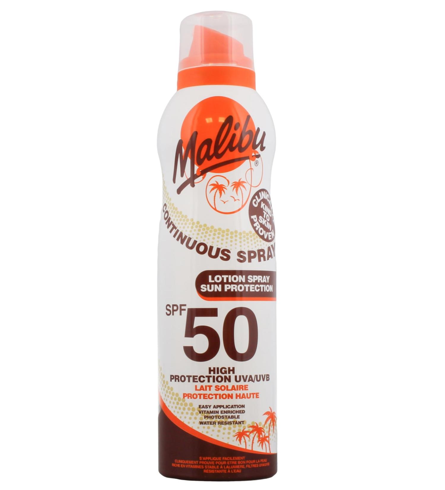 Malibu Sun SPF 50 Continuous Lotion Spray Sunscreen High Protection Vitamin Enriched Water Resistant 175ml - Buy Online on GoSupps.com