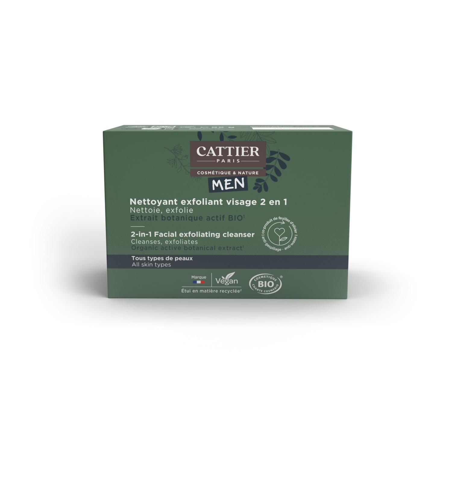 CATTIER PARIS Cattier Men - 2 in 1 Exfoliating Cleanser for Men - Solid Organic - All Skin Types - 85g