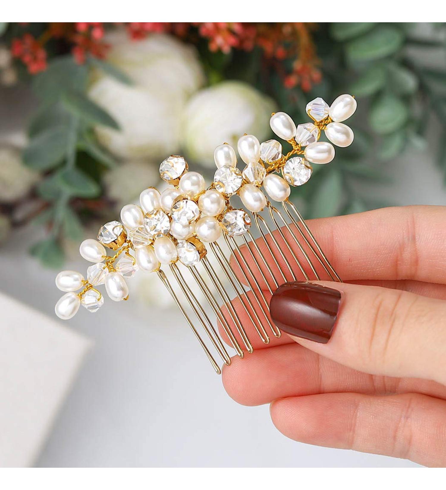 Gold Crystal Pearl Bride Wedding Hair Comb | Bridal Hair Piece for Women & Girls - Buy Online on GoSupps.com