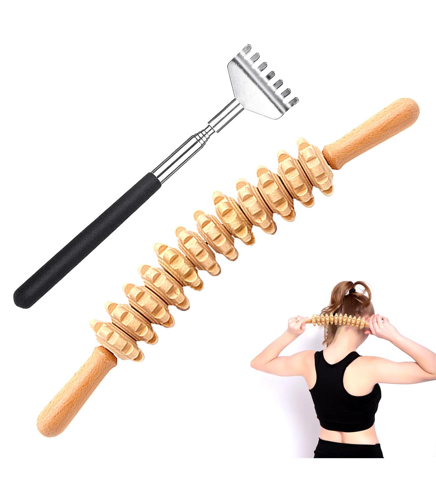 41cm Wood Fascia Rod Massage Roller Set Adjustable Back Scratcher & 2-Piece Scooter for Neck Legs and Body Relief - Buy Online on GoSupps.com