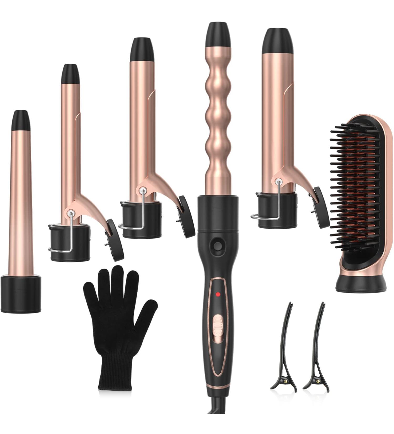 6-in-1 Curling Iron Set with Hair Straightener Brush | Professional Hair Curler with 6 Ceramic Barrels | Instant Heat Up | Heat Resistant Glove - Gold - Buy Online on GoSupps.com